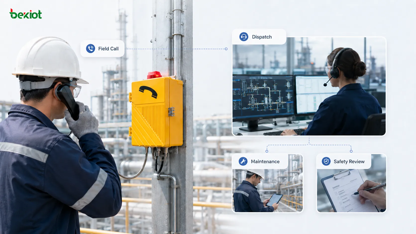 Pesquisa de experiência do usuário sobre clareza de voz de telefones industriais mostrando trabalhador de campo em oficina de alto ruído usando monofone, atendimento da sala de controle, teste de chamada bidirecional e registros de feedback