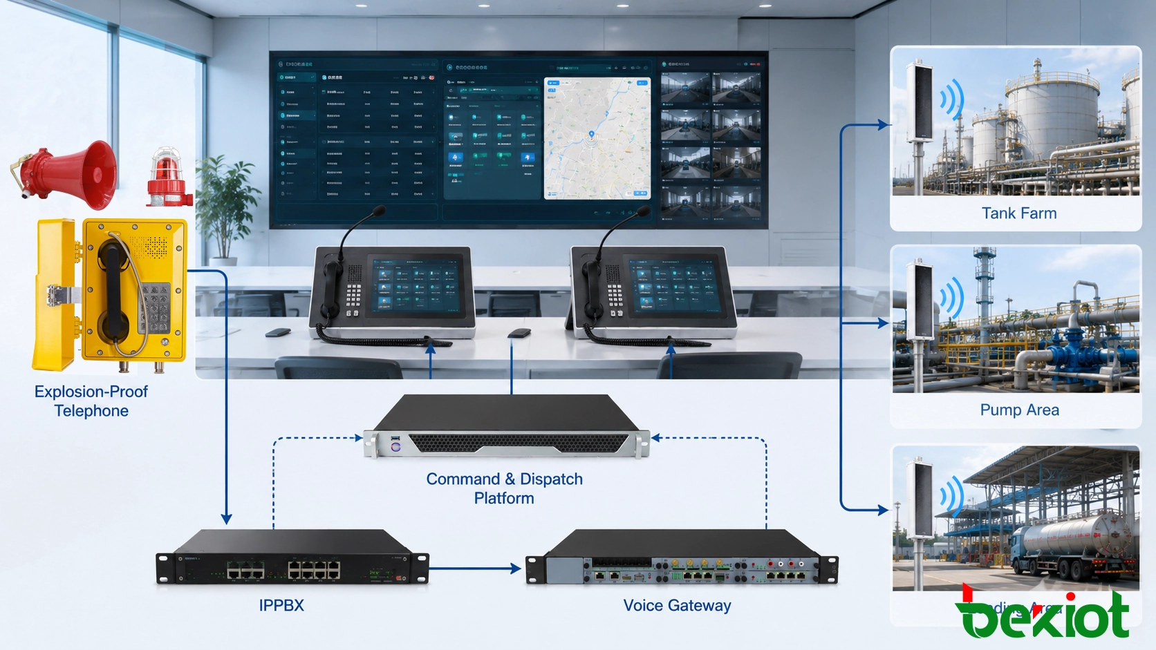 Unified command and dispatch platform connecting explosion-proof telephones, control-center consoles and industrial PA zones