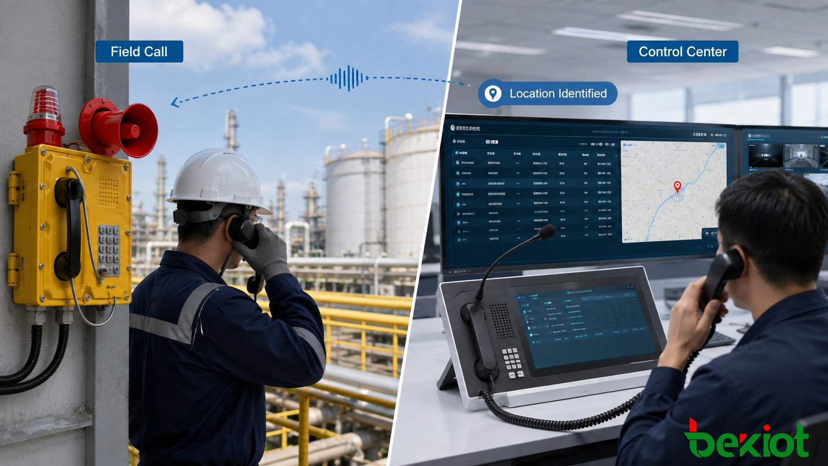Industrial worker using an explosion-proof telephone to report an abnormal condition to the control center and enter a unified dispatch workflow