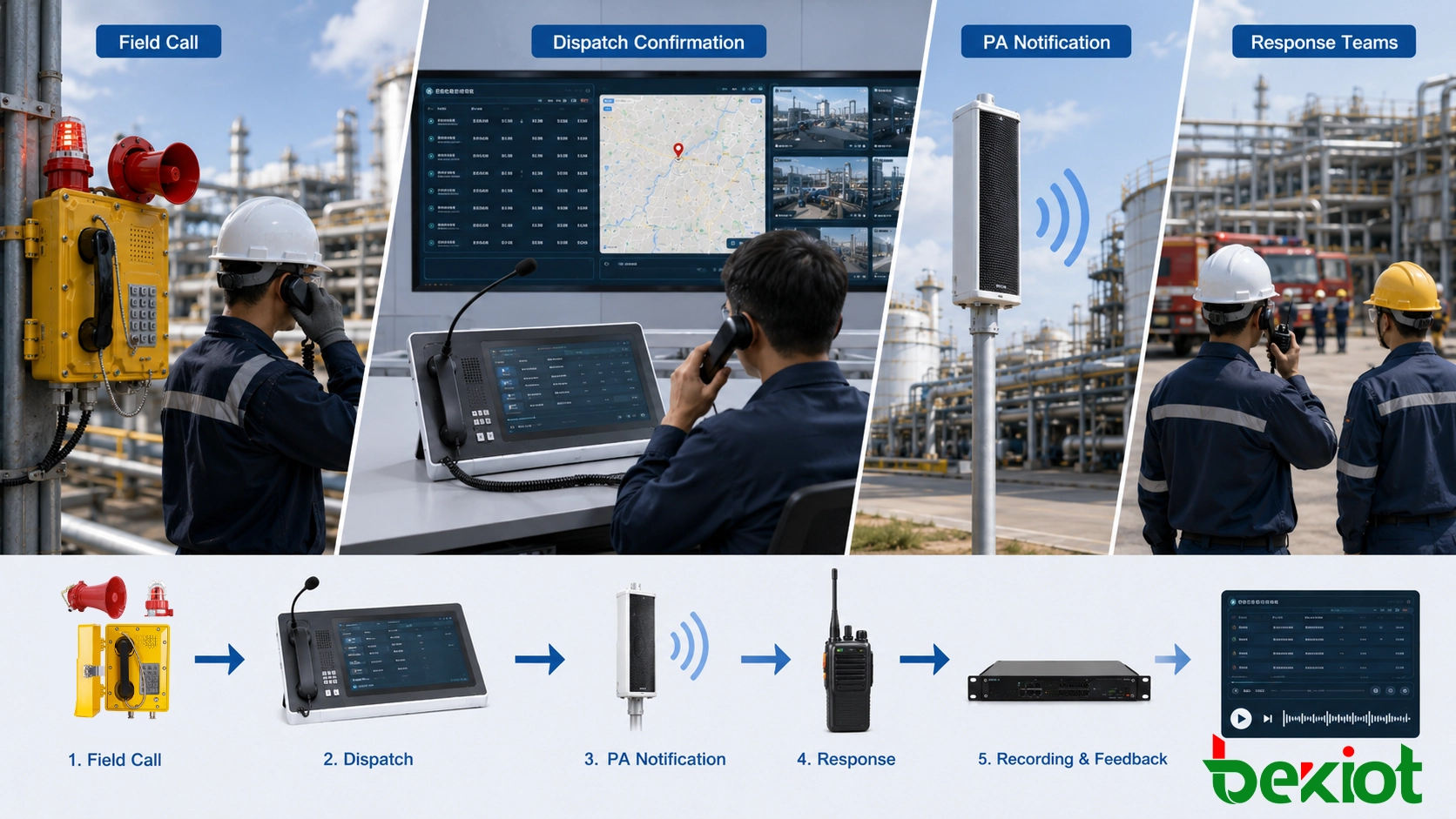 Industrial hazardous-area communication workflow including field emergency calls, dispatch confirmation, zoned broadcasting, personnel coordination and response records