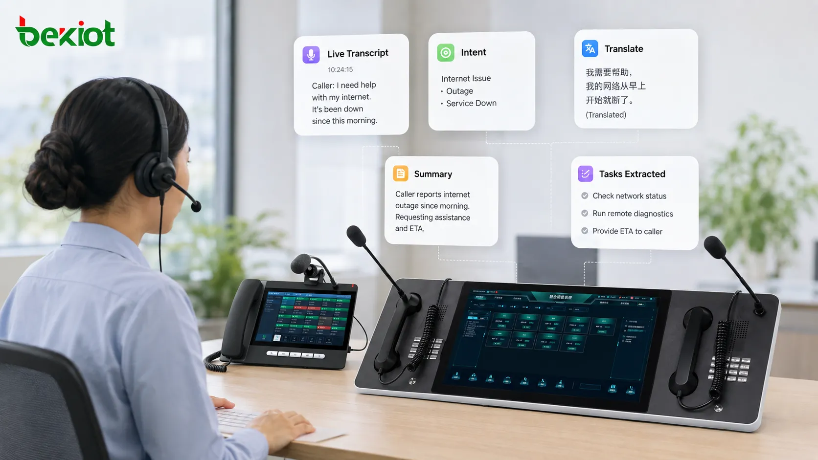 Análise em tempo real de chamada VoIP assistida por IA mostrando transcrição de fala, detecção de intenção do cliente, tradução ao vivo, correspondência com dados históricos e assistência inteligente ao agente