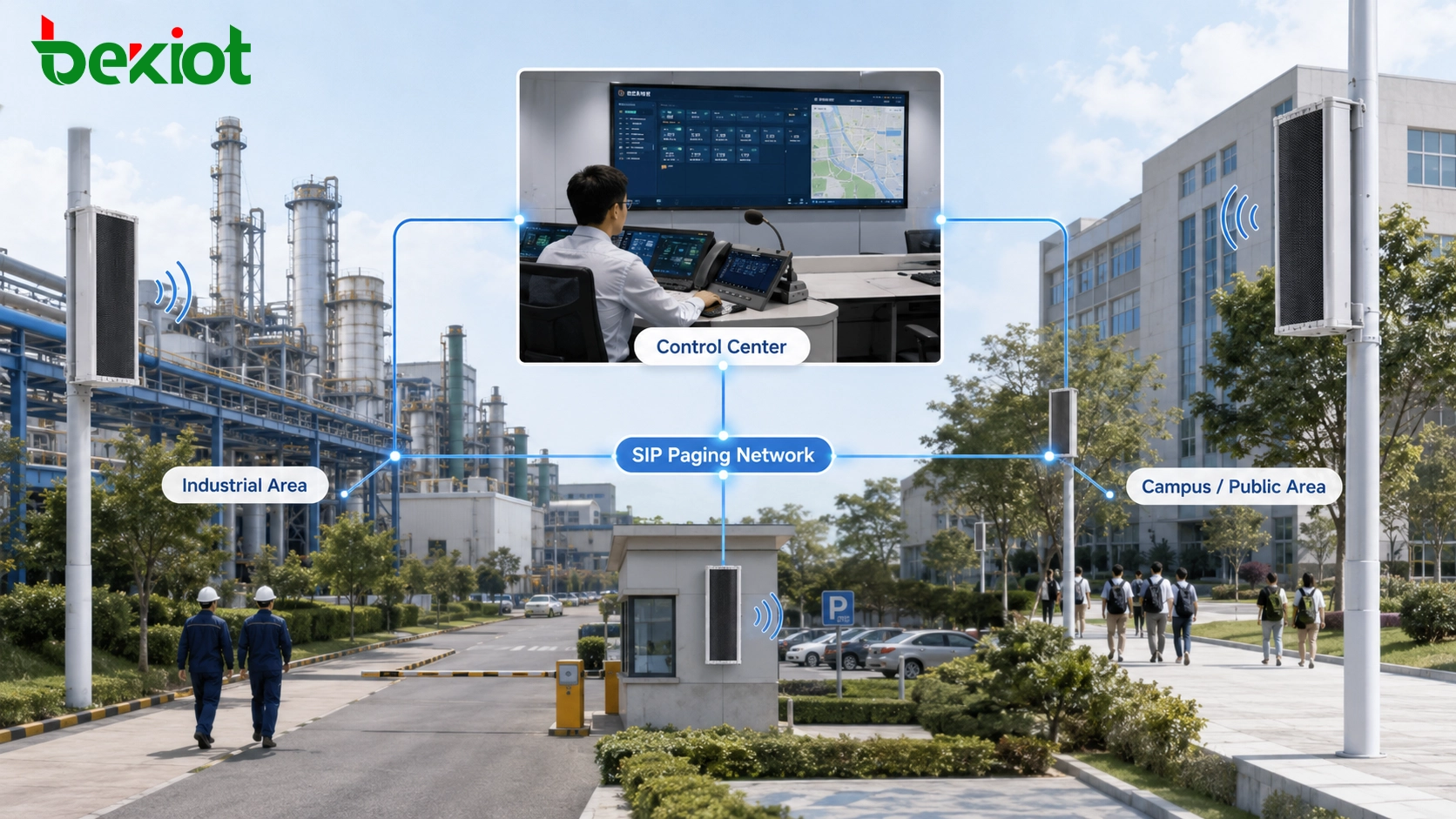 Outdoor SIP column speaker deployment across campus industrial and public facility zones with centralized network paging control