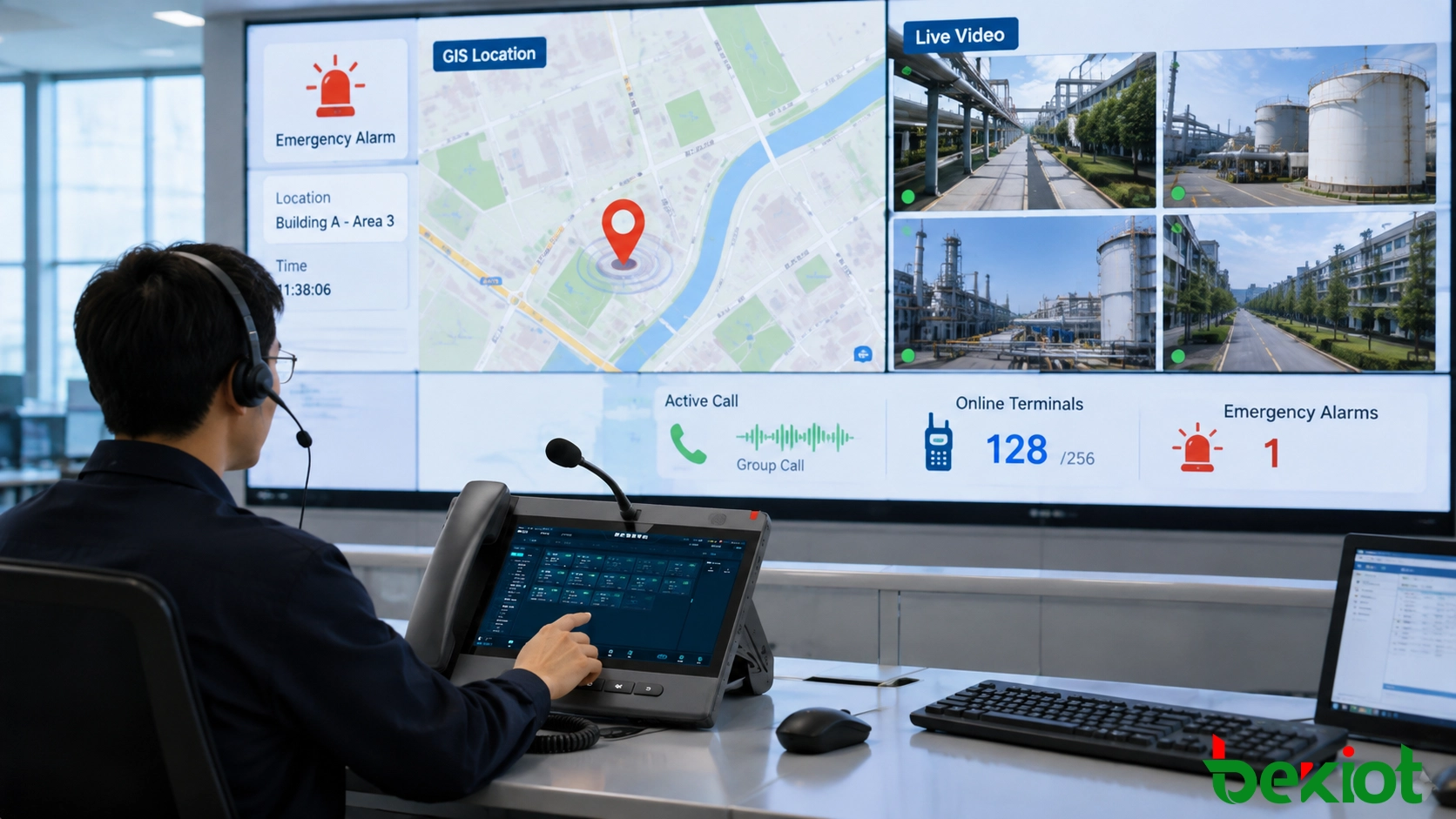 PoC dispatch center integrating voice communication, GIS positioning, emergency alarm information and existing video surveillance feeds
