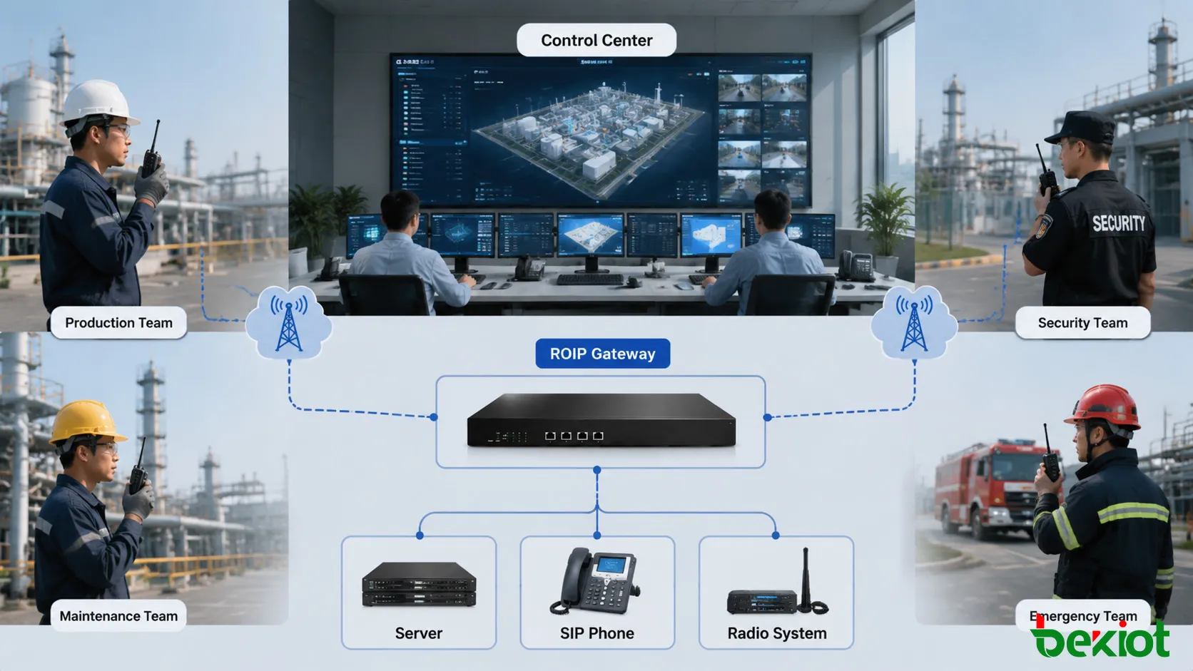 Centro de comando industrial integrando rádios PoC e sistemas de comunicação com gateway ROIP para coordenação em emergências
