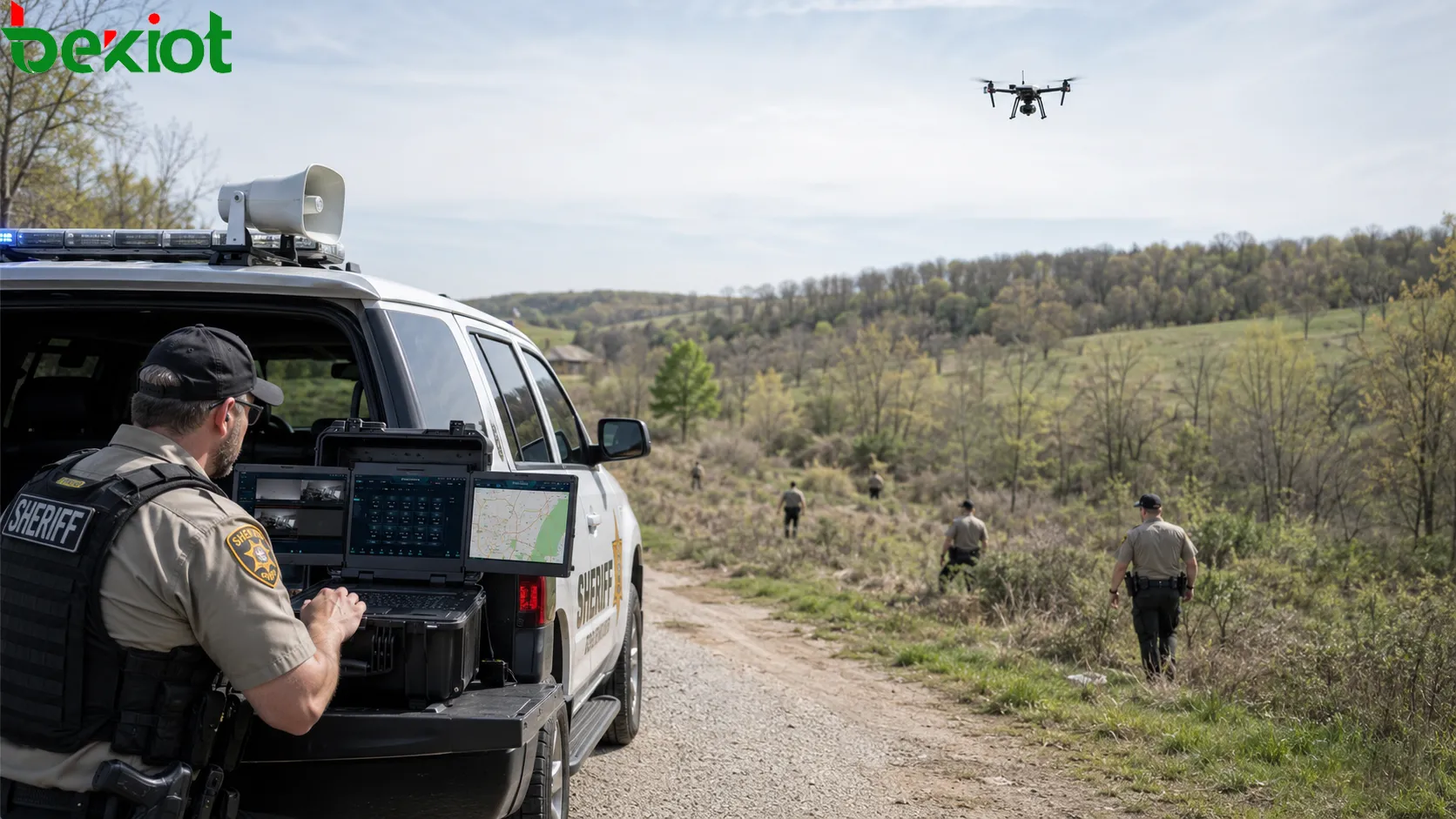 Agentes do condado de Howell realizam de forma coordenada buscas terrestres e com drone em uma área rural