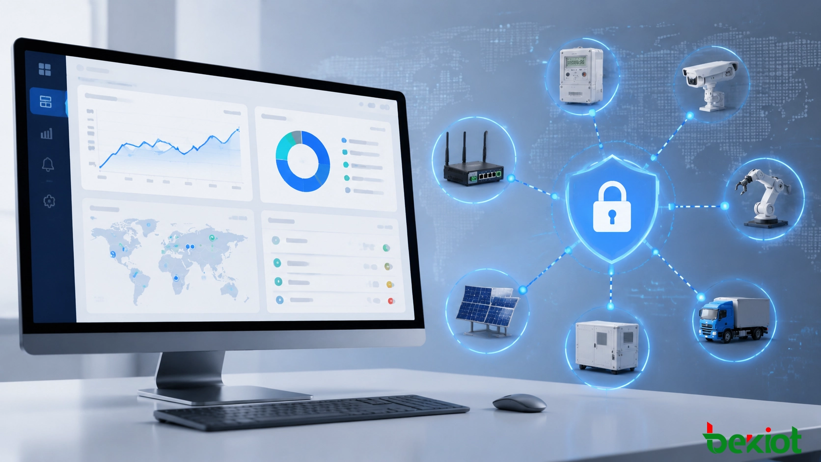 Plataforma empresarial de gestão IoT monitorizando dispositivos conectados e o estado da segurança da rede