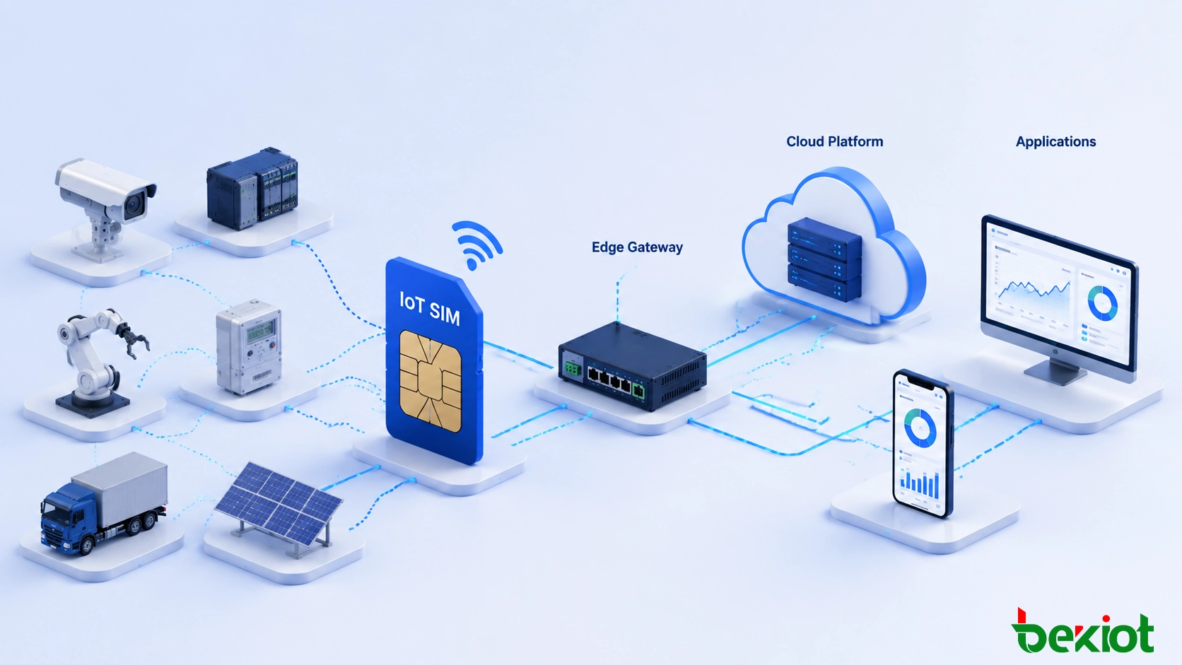 Arquitetura empresarial de conectividade IoT ligando dispositivos industriais através de redes celulares com SIM IoT a plataformas edge, cloud e aplicações empresariais