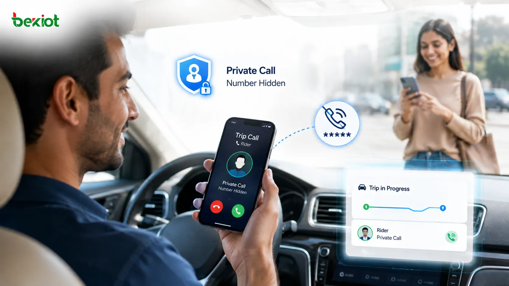 Arquitetura VoIP de aplicativo móvel conectando clientes de passageiro e motorista ao controle de chamadas, aos serviços de mídia e à plataforma de negócio