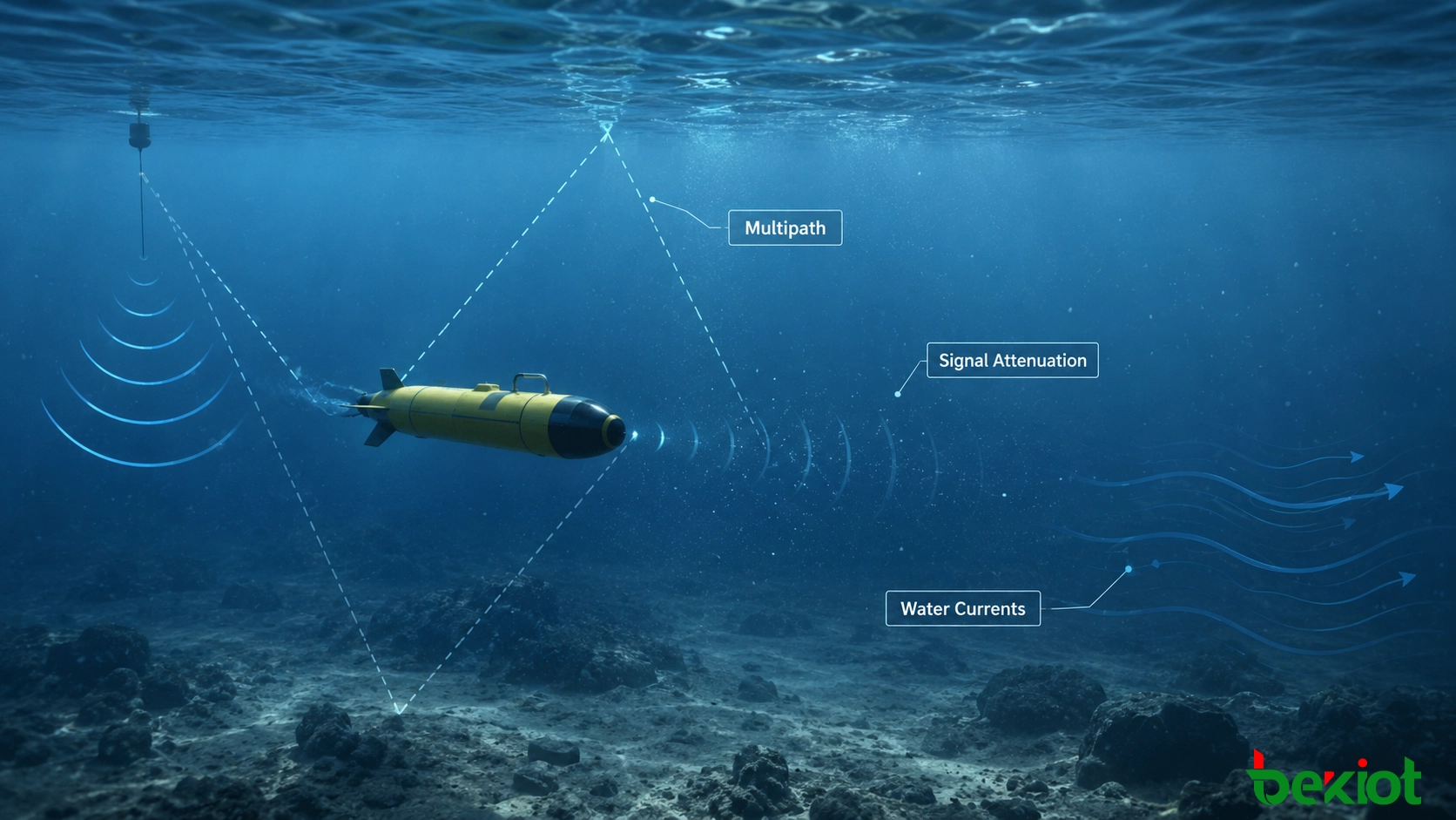 Ambiente de comunicação subaquática para AUV mostrando atenuação de sinal, propagação por múltiplos percursos, correntes de água e desafios de comunicação