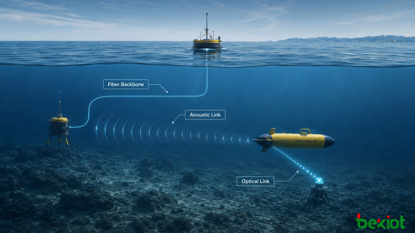 Arquitetura de comunicação híbrida para AUV combinando controle de superfície, estação subaquática conectada por fibra, enlace acústico e transferência de dados óptica