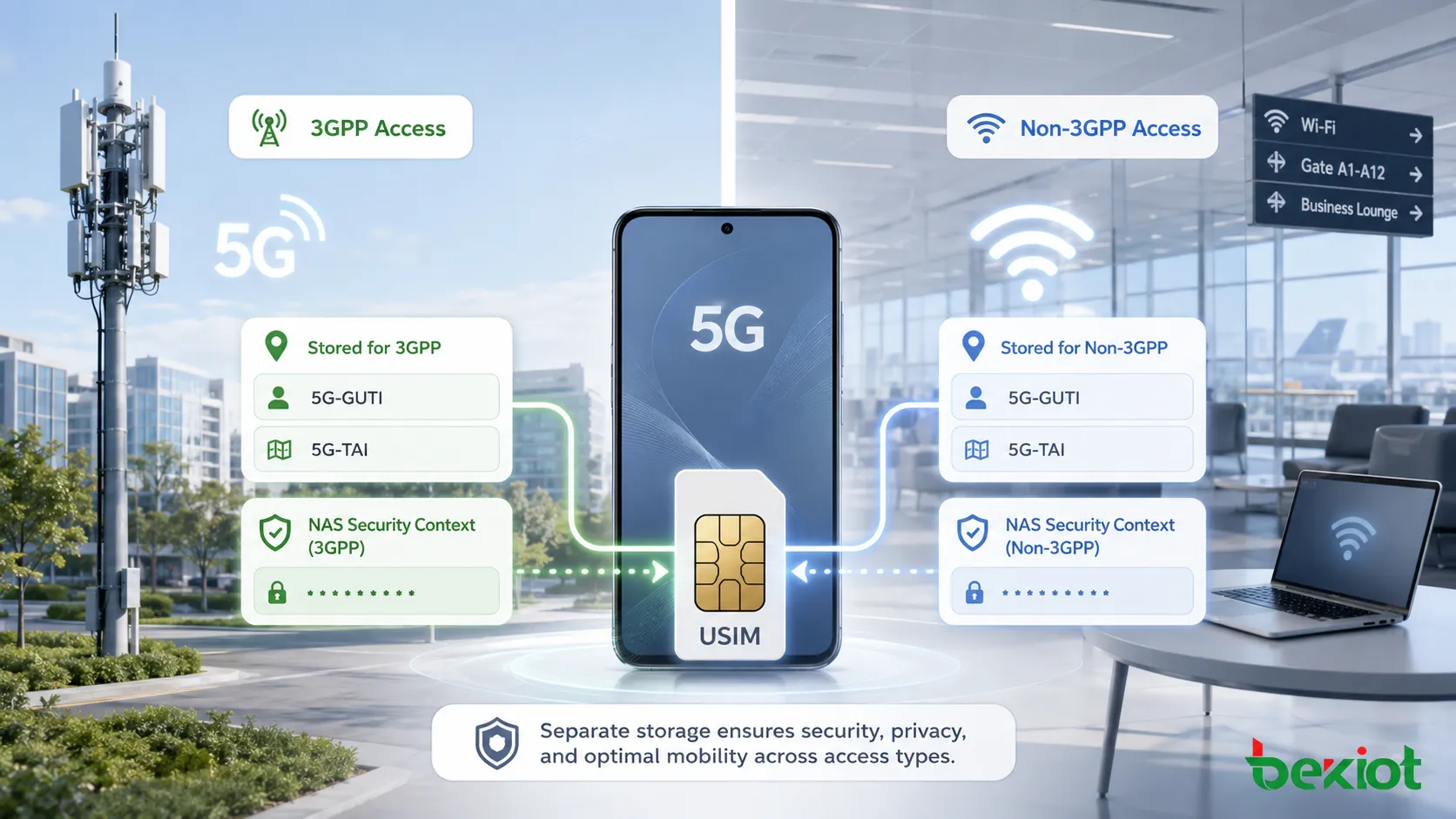 USIM 5G armazenando informações de localização separadas e contextos de segurança NAS para acesso 3GPP e não 3GPP