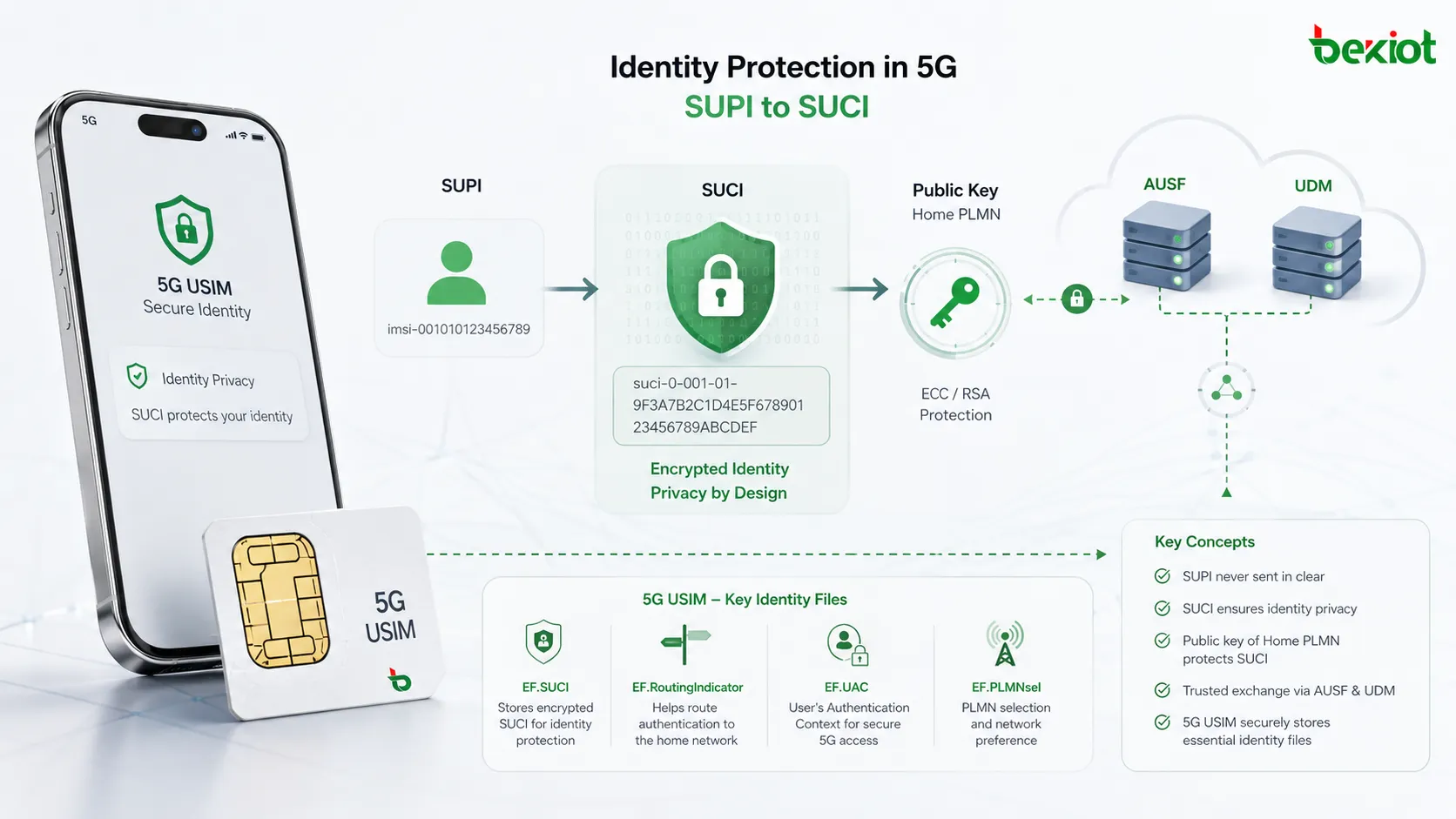 USIM 5G usando arquivos EF de cálculo SUCI, indicador de roteamento, UAC e PLMN para privacidade de identidade e gerenciamento de acesso