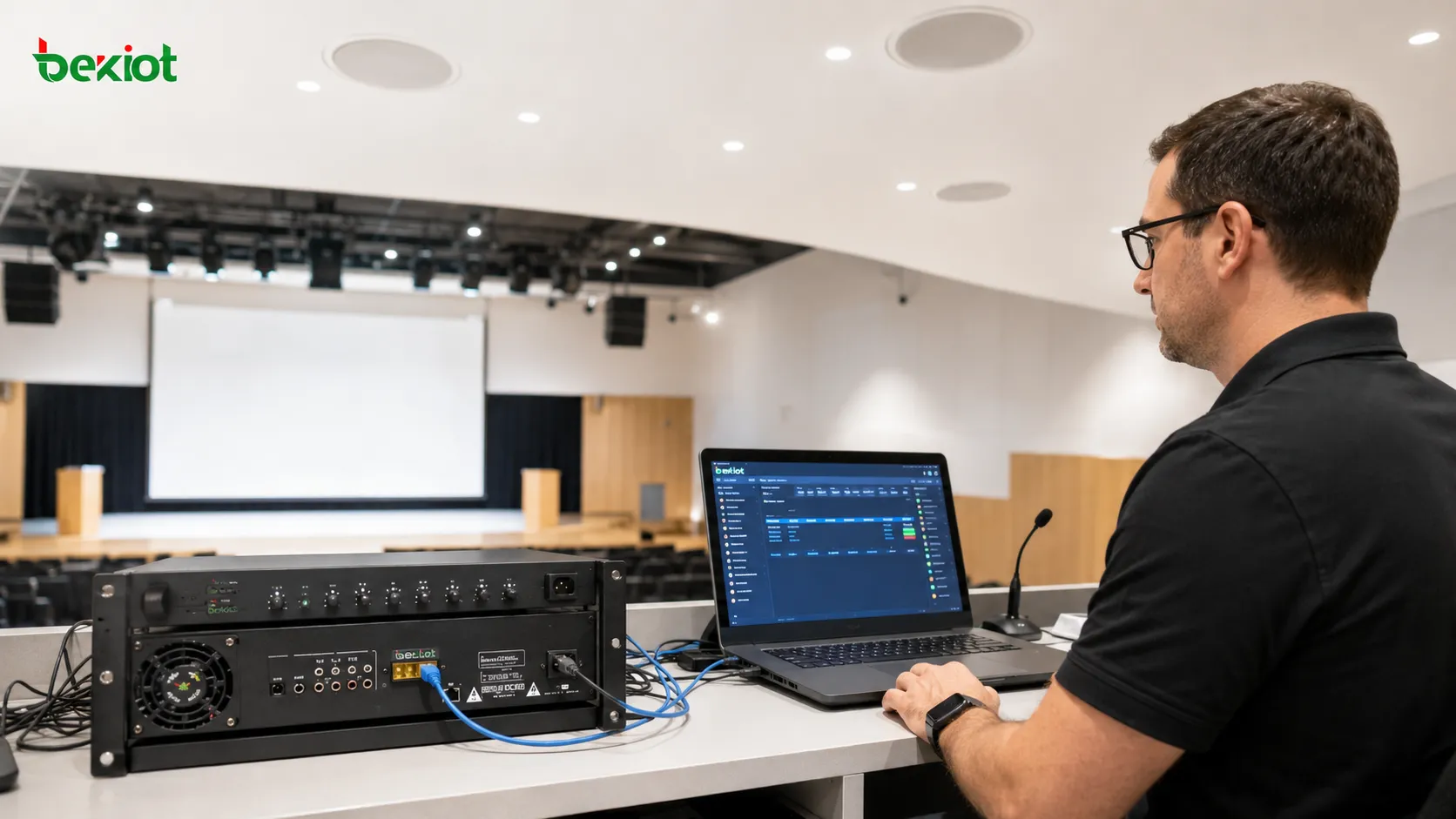 Sistema de PA de teatro que melhora a confiabilidade ao vivo por meio de monitoramento em rede, controle remoto e entradas duplas Dante e analógicas