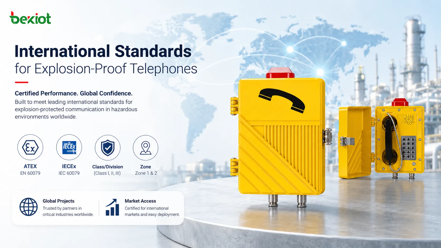 Normas globais para telefones à prova de explosão, incluindo ATEX, IECEx, sistemas norte-americanos Class Division e Zone, comunicação em áreas classificadas, documentos de certificação e acesso ao mercado internacional