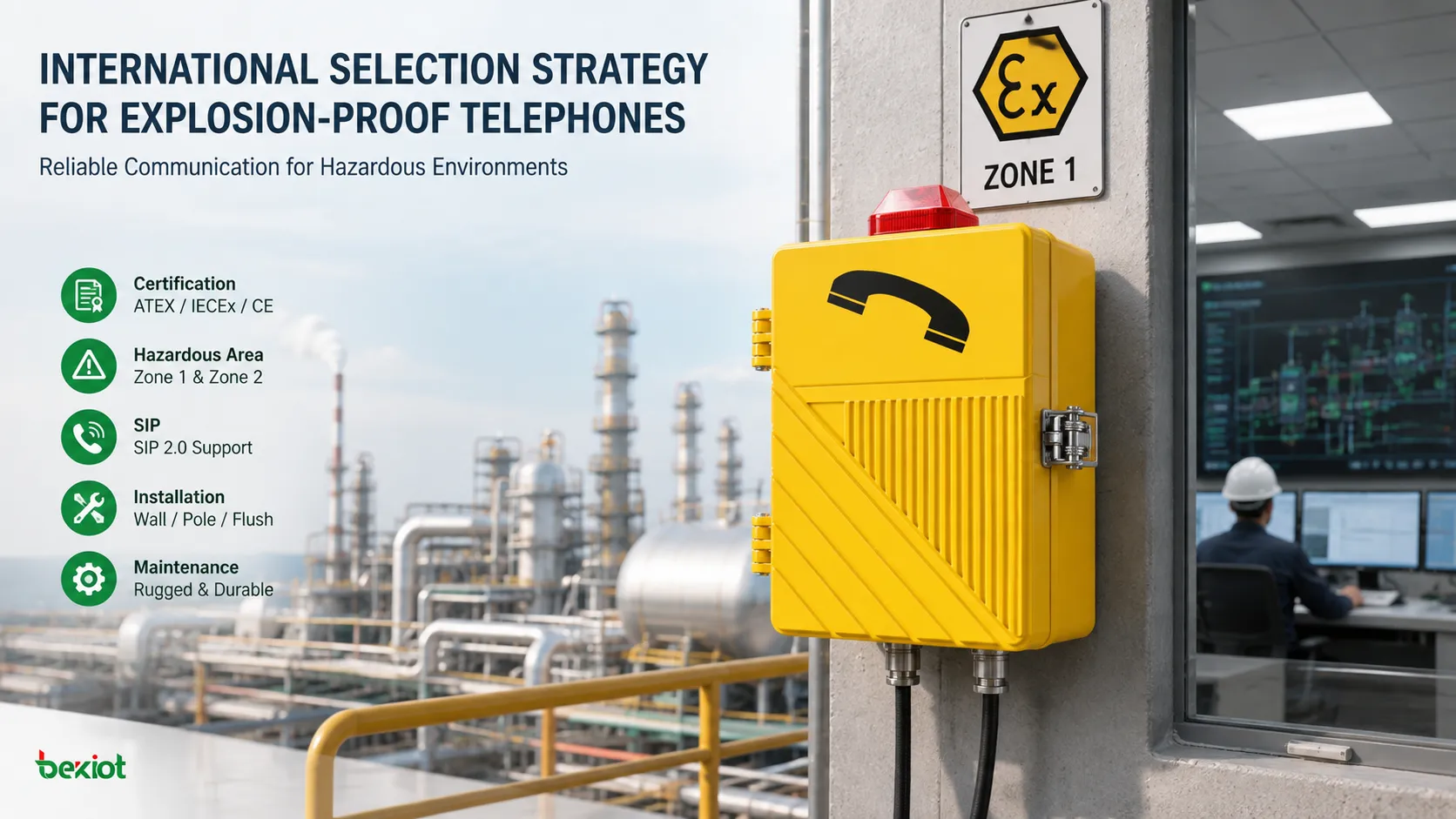 Seleção do telefone à prova de explosão EX-BH621 para projetos internacionais abrangendo análise de certificação, compatibilidade com área classificada, integração SIP com despacho, instalação, proteção IP, qualidade de voz e documentação de manutenção