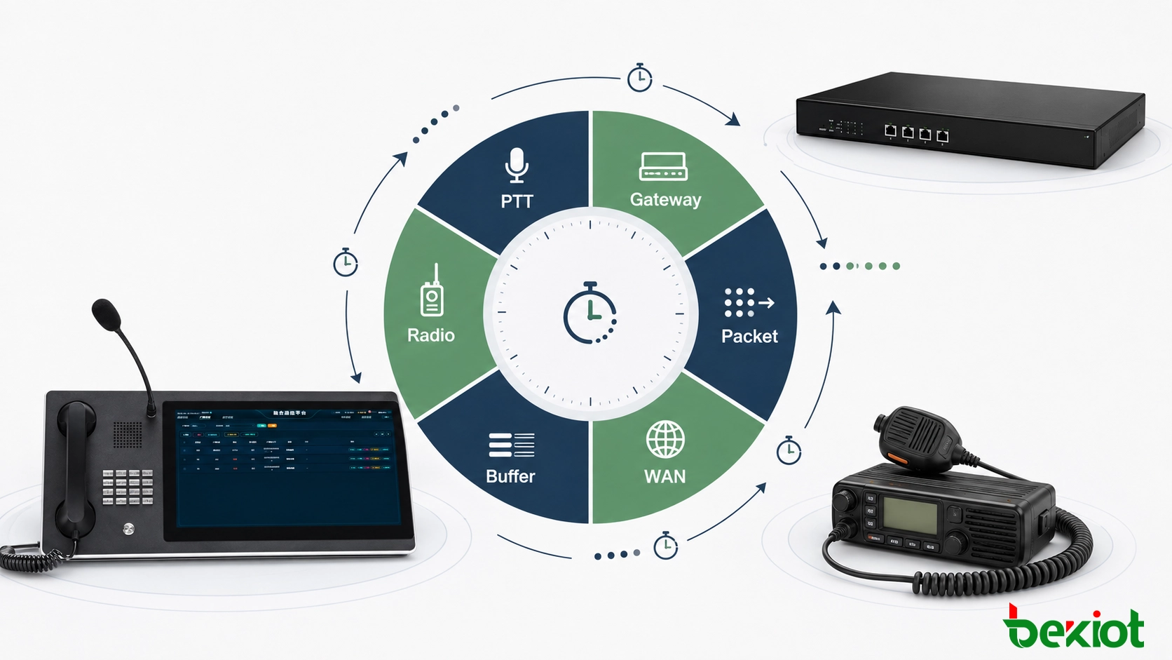 Orçamento de latência RoIP mostrando processamento PTT, atraso do gateway, transporte IP, buffer de jitter, ativação do rádio e atraso de RF