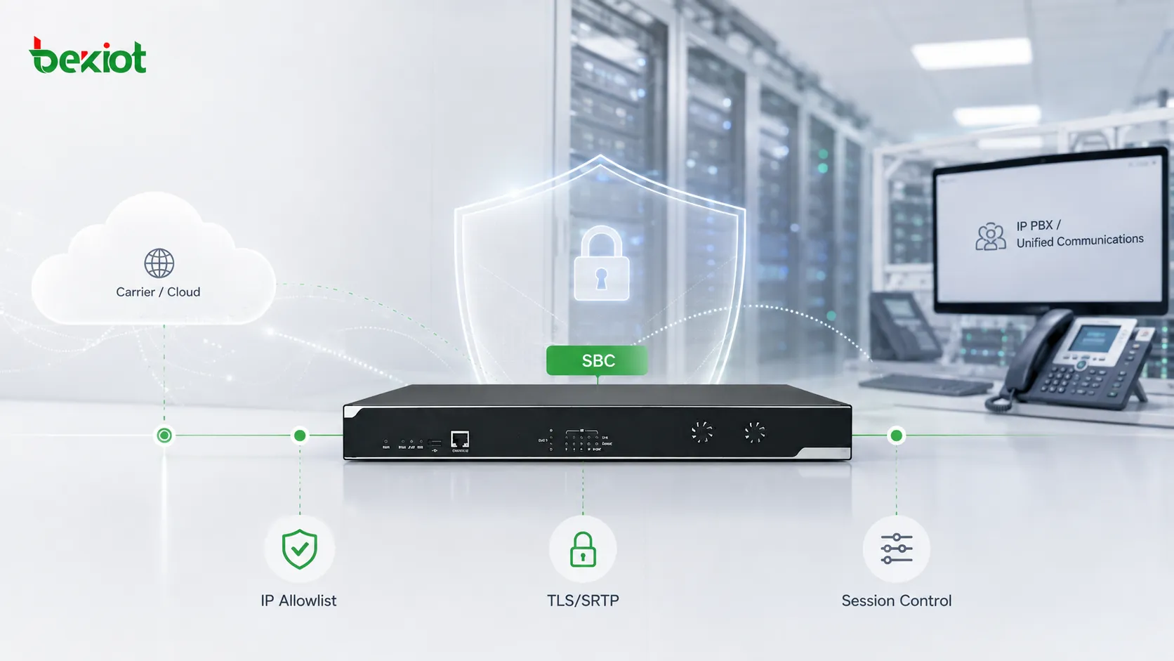 Tronco SIP corporativo protegido por SBC, controles de acesso, sinalização criptografada e monitoramento de tráfego anormal na fronteira da rede VoIP