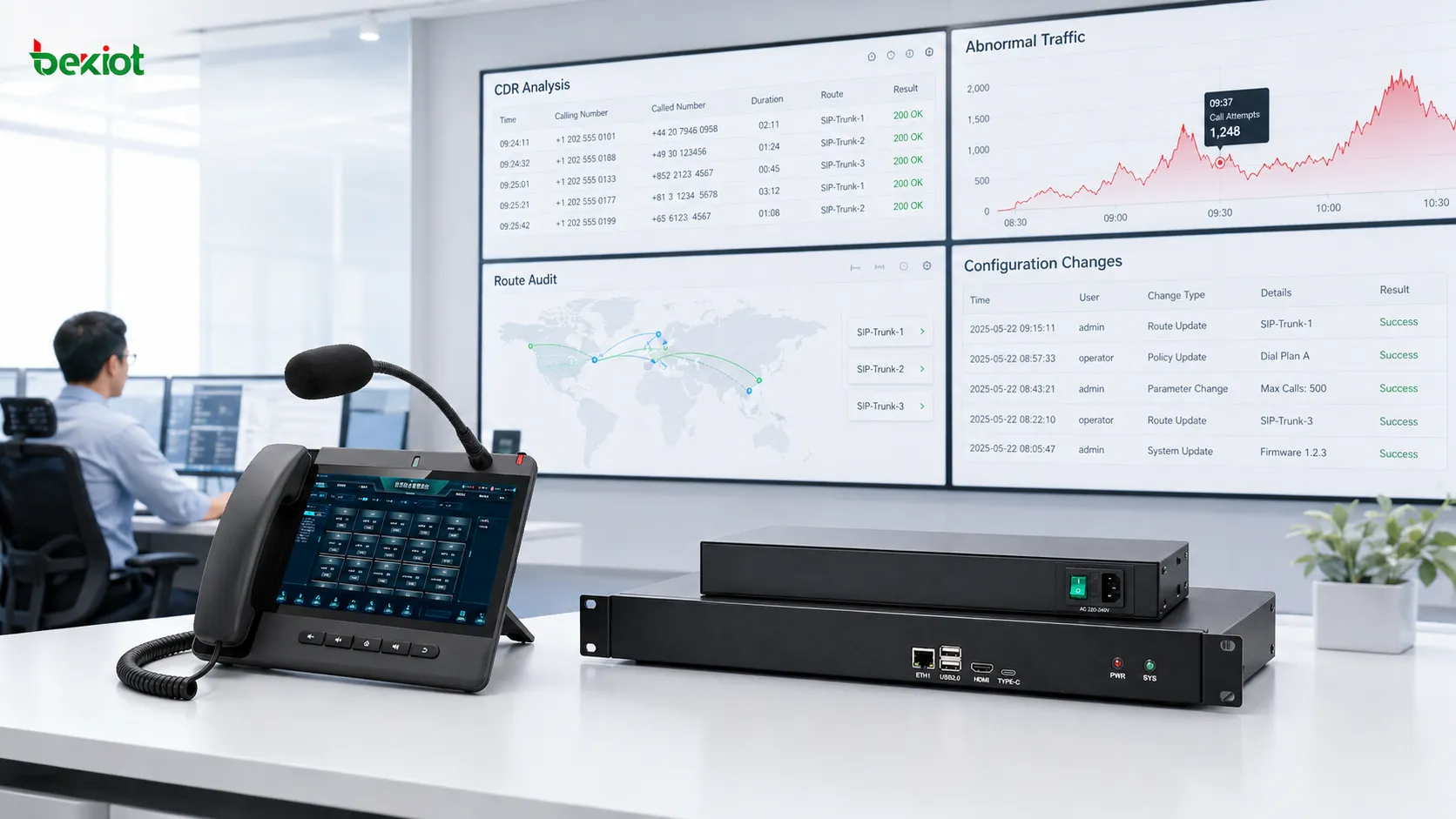 Plataforma de operações VoIP usando análise de CDR, auditoria de rotas, alertas de anomalia e registros de permissão para identificar tráfego internacional de voz não autorizado