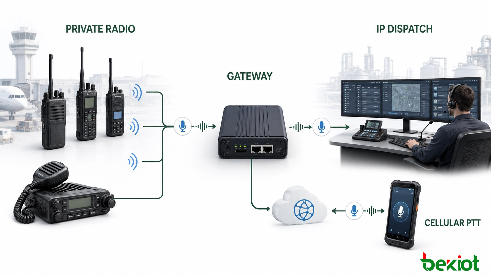 Gateway de interoperabilidade de rádio conectando rádio privado, PTT celular e despacho IP