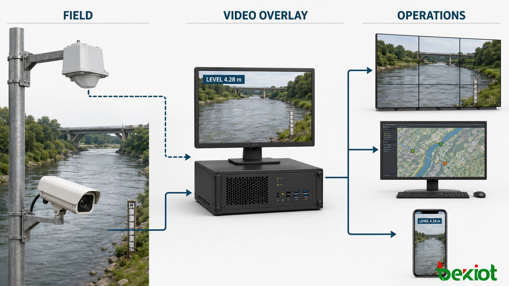 Arquitetura conectando um sensor de nível de água por radar e uma câmera CCTV a uma plataforma de sobreposição de vídeo