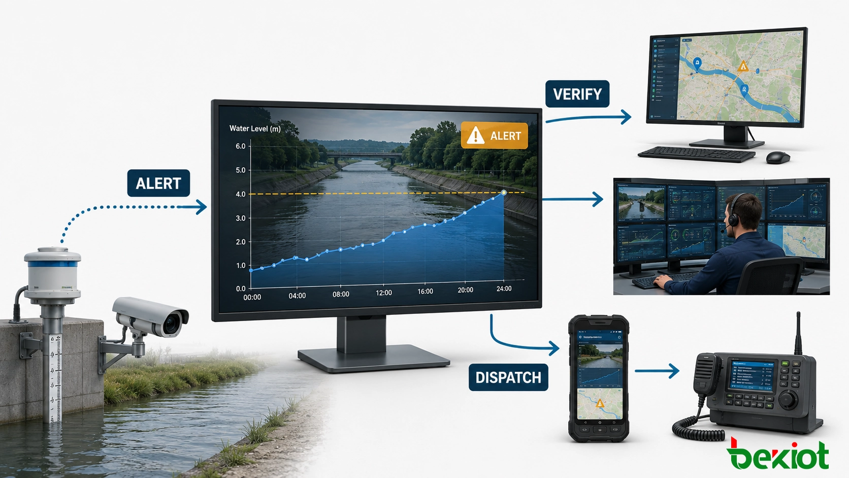 Fluxo de trabalho de alerta de monitoramento inteligente de água conectando vídeo, GIS, despacho, dispositivos móveis e sistemas de sala de controle