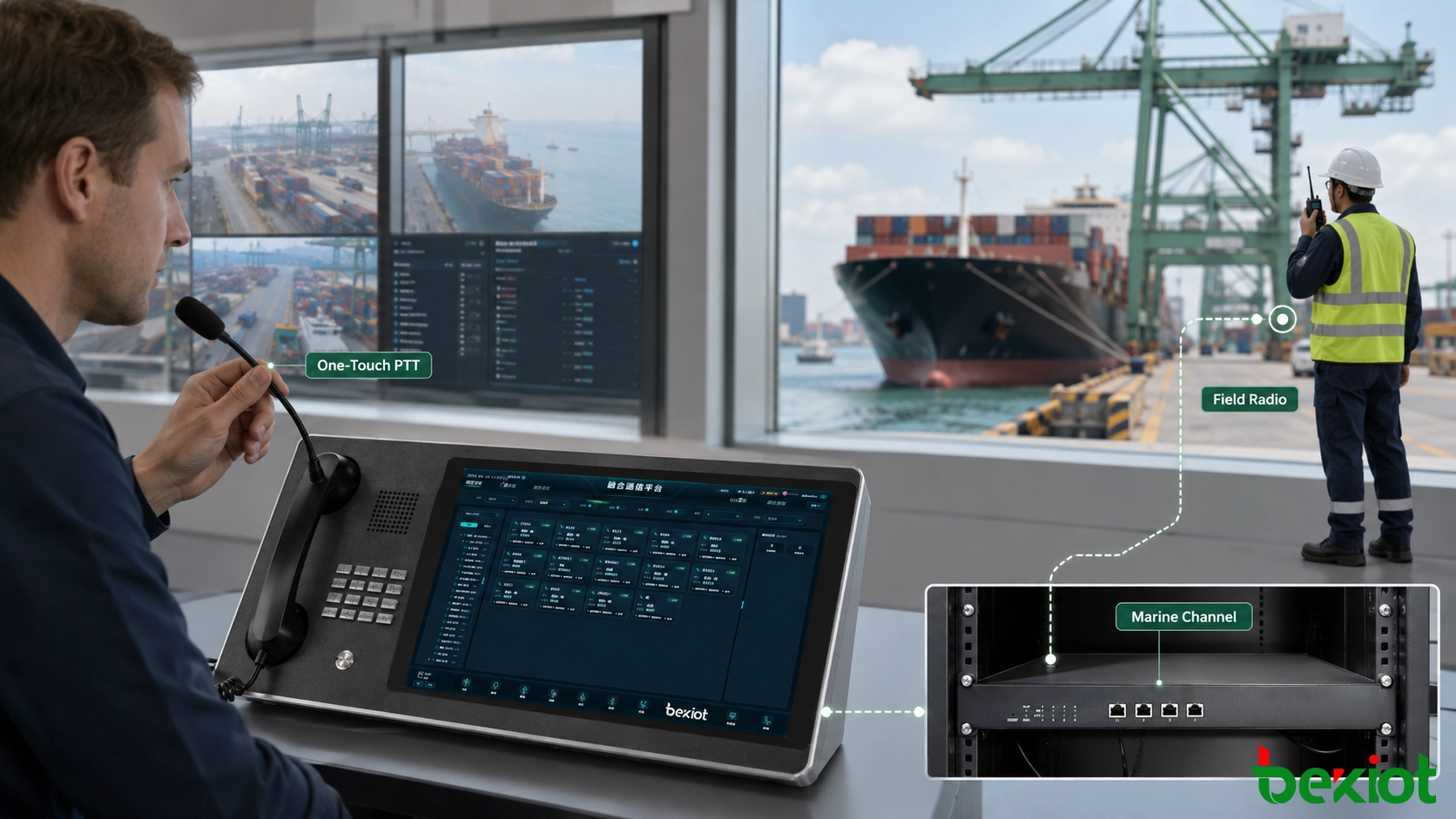 Despachador portuário a usar PTT de um toque para comunicar com utilizadores de rádio em navios e no cais