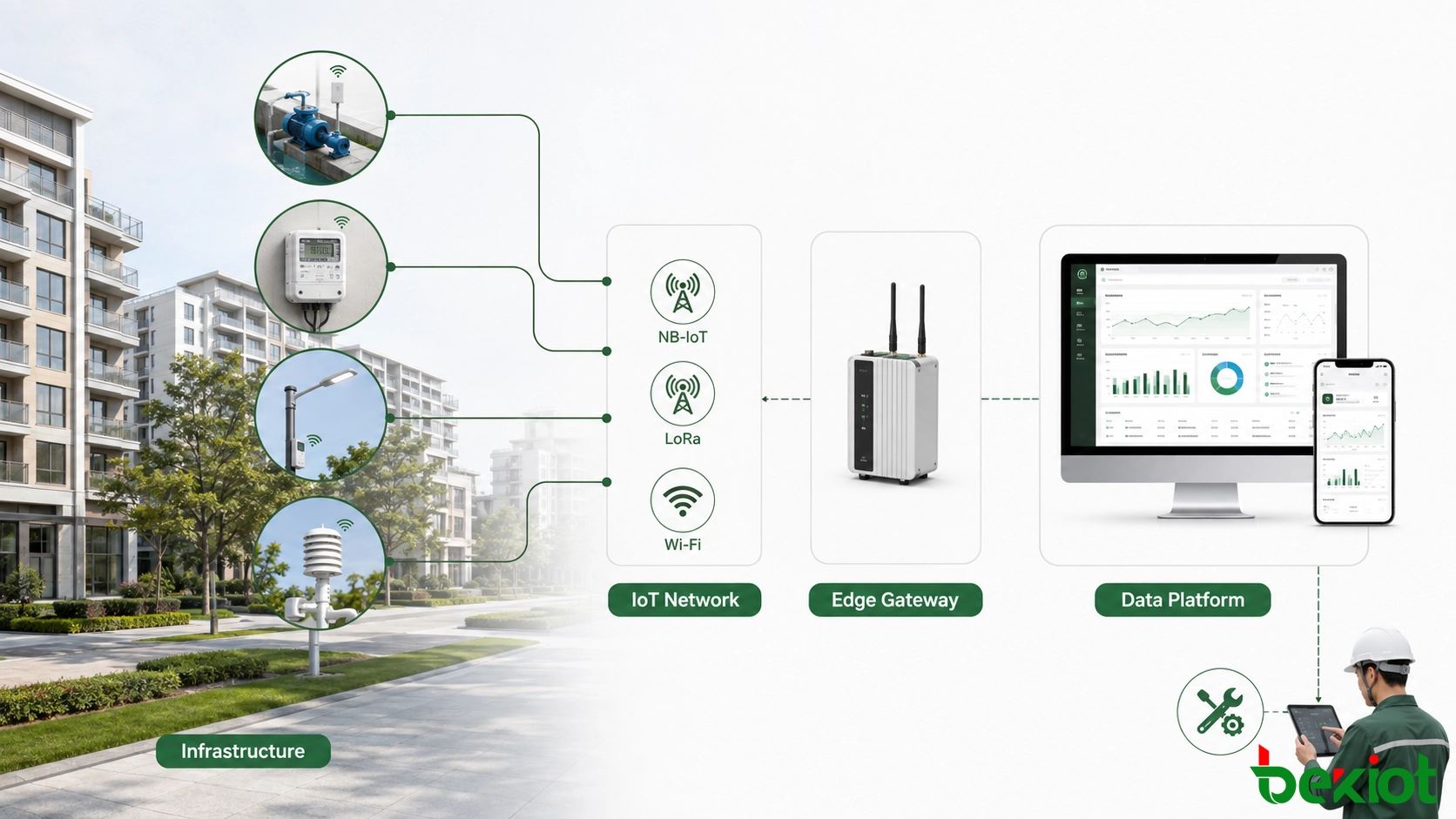 Base digital da comunidade inteligente conectando sensores de utilidades, redes IoT, gateways de borda e uma plataforma de dados