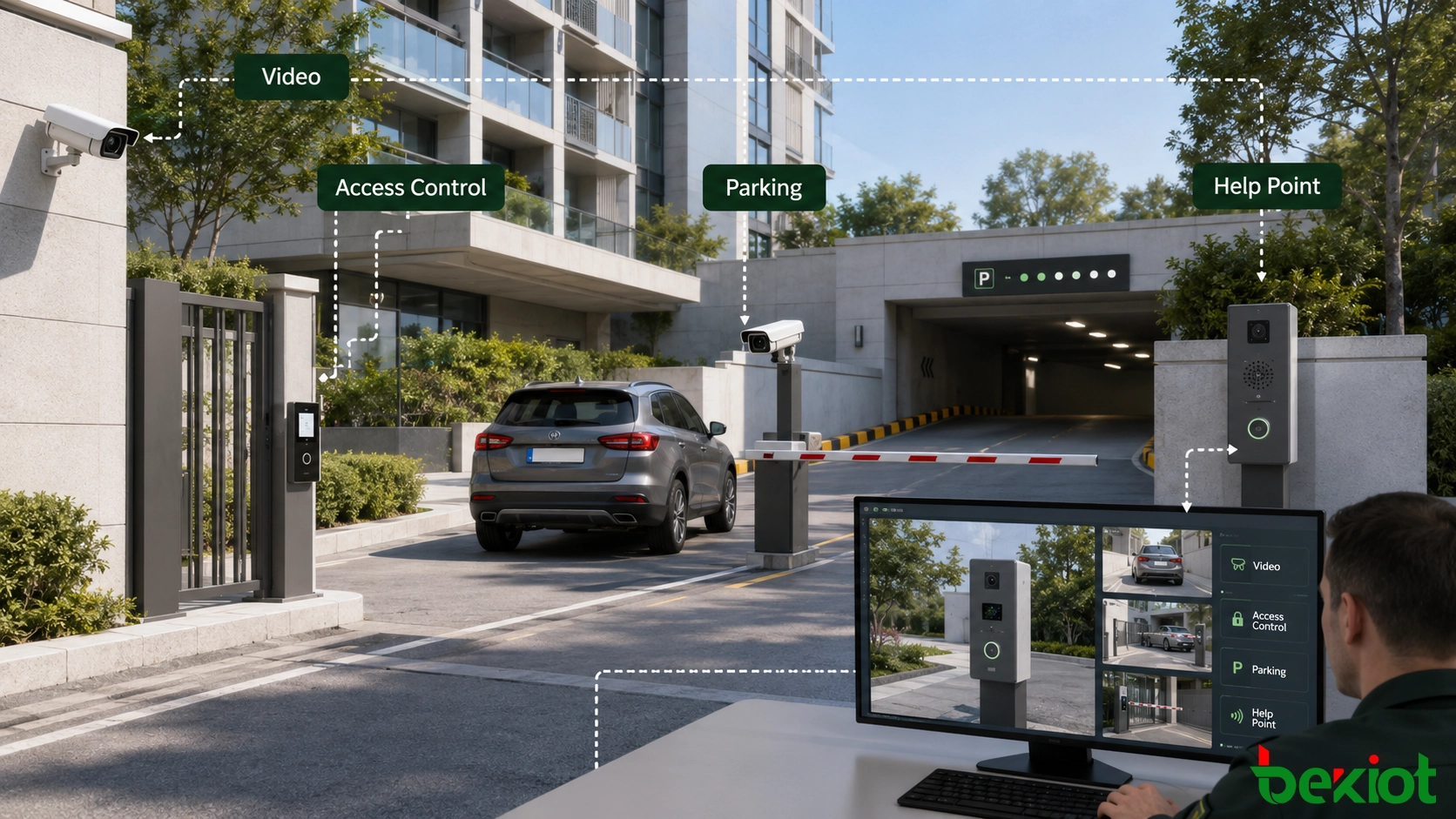 Fluxo de trabalho integrado de segurança e estacionamento comunitário com vídeo, controle de acesso, interfone e reconhecimento de placas