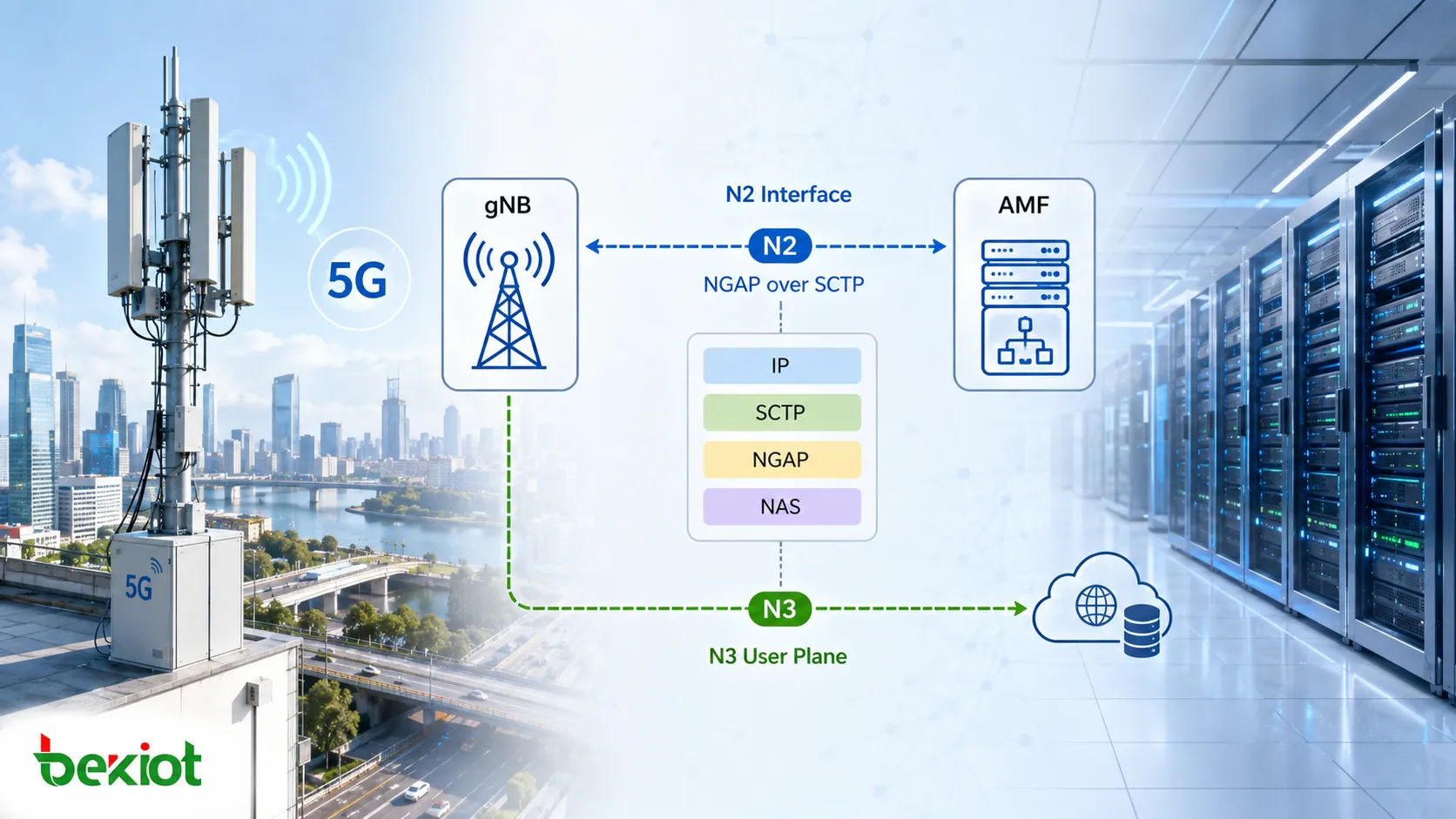 Interface N2 do 5G conectando o gNB e o AMF por SCTP e NGAP enquanto transporta sinalização NAS e procedimentos do plano de controle do UE