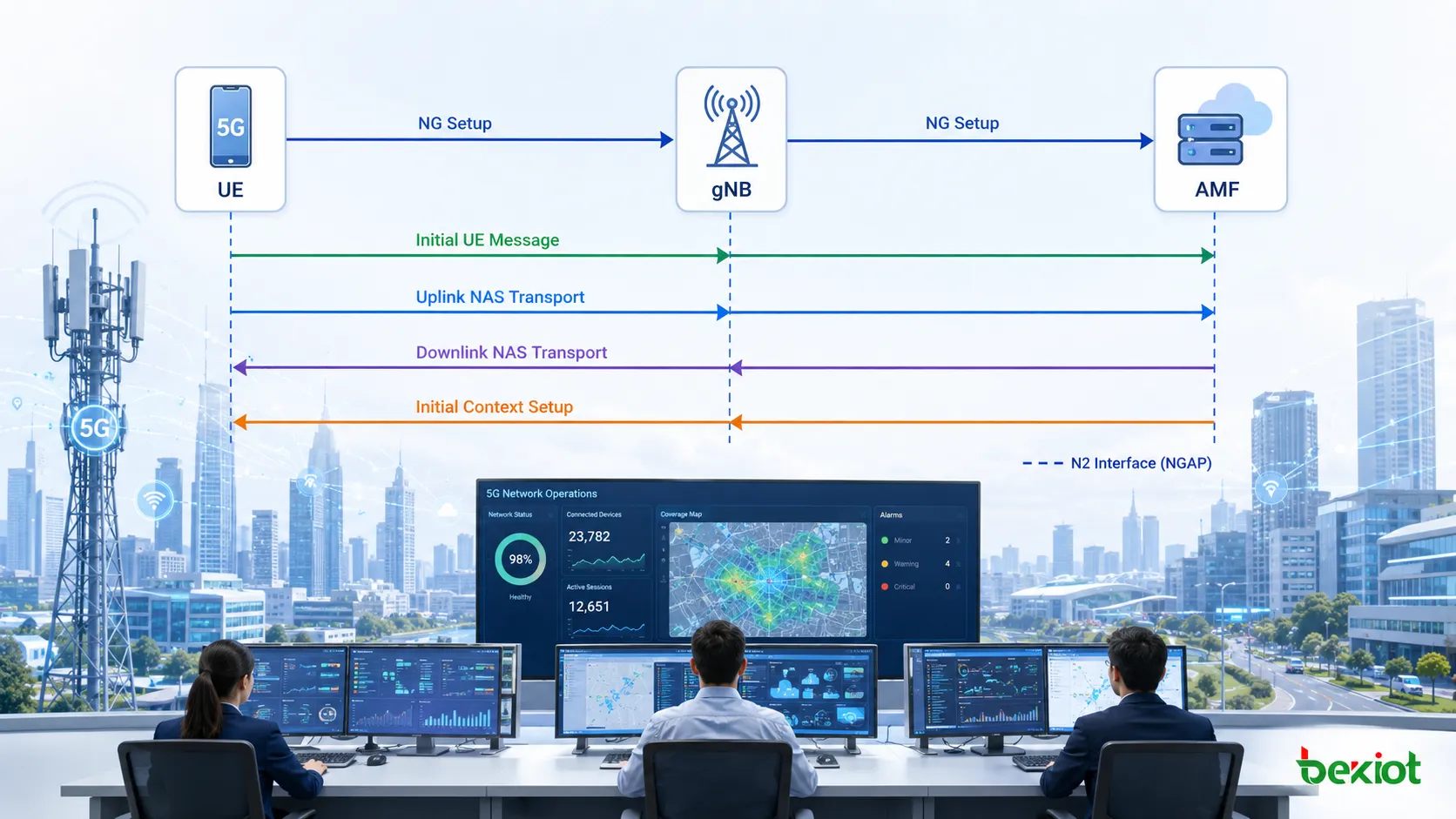 Sequência típica de sinalização N2 do 5G desde NG Setup, passando por Initial UE Message e NAS Transport, até Initial Context Setup