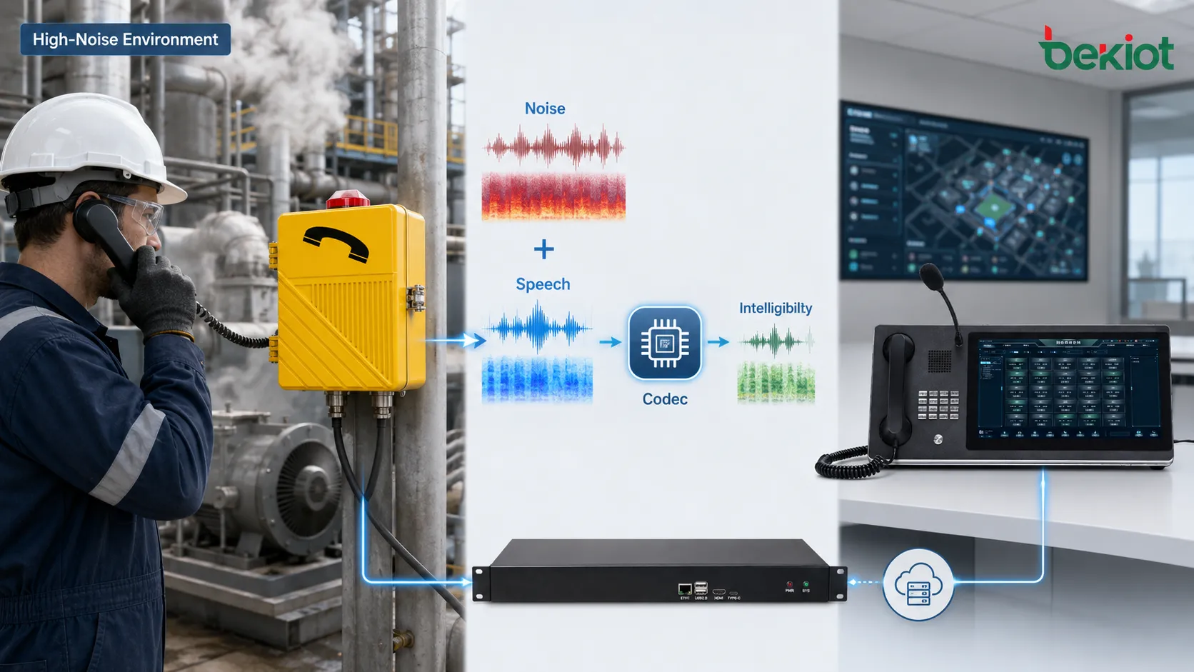Teste de inteligibilidade de codecs para telefones industriais em uma oficina ruidosa com equipe de campo, operadores de sala de controle, comparação de formas de onda, parâmetros de codec e retorno sobre compreensão da fala