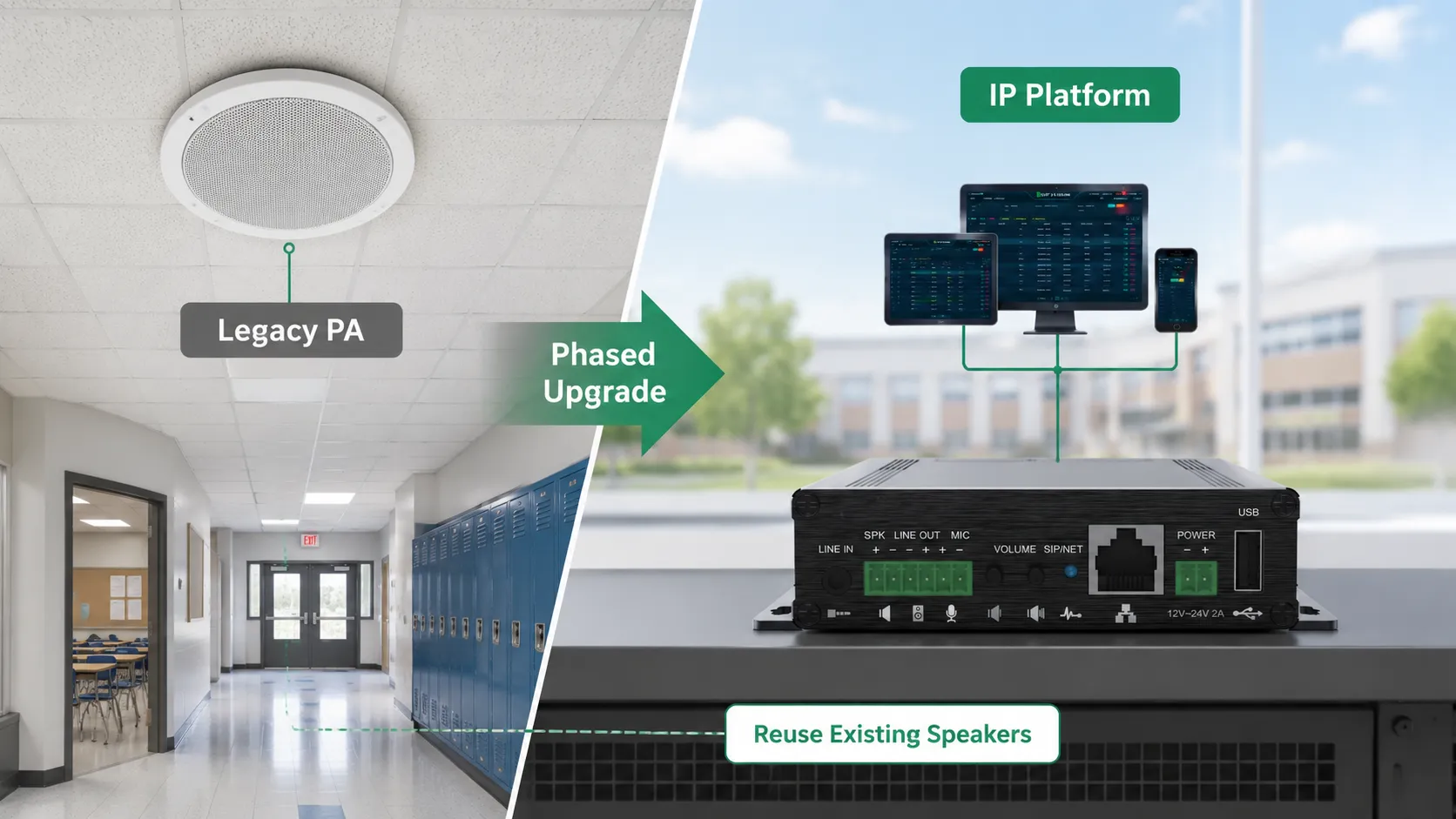 Sistema analógico legado de PA escolar integrado a uma nova plataforma IP por gateways, mantendo amplificadores e alto-falantes existentes e adicionando terminais IP gradualmente