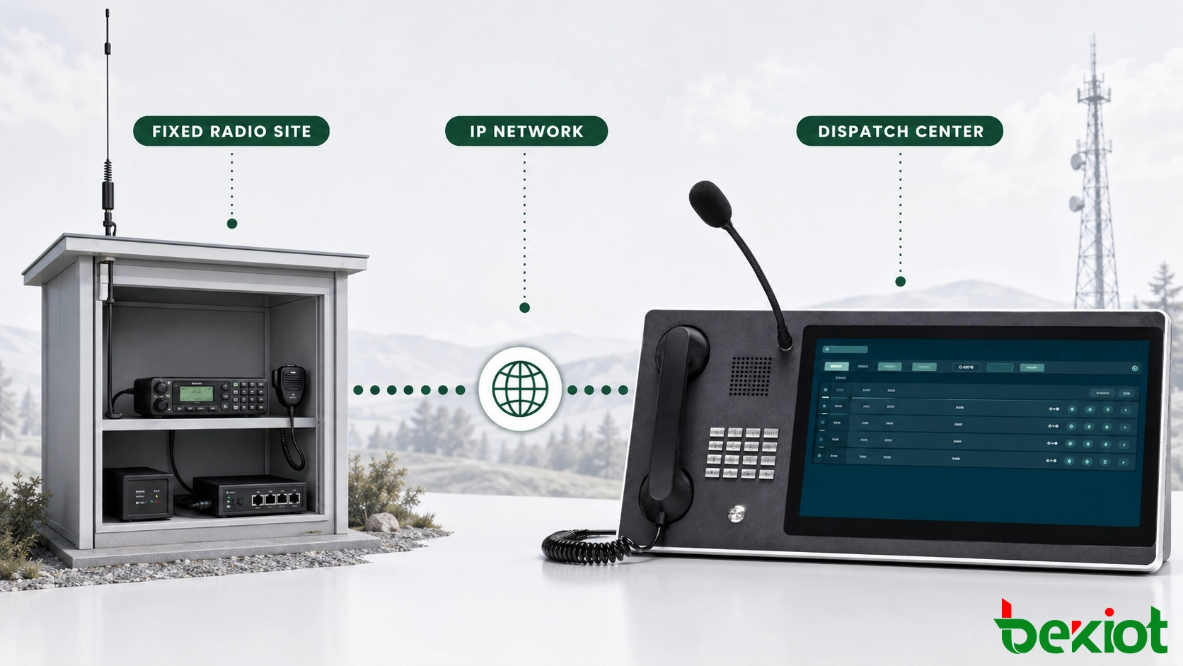 Rádio móvel conectado a um gateway RoIP em um local fixo de rádio remoto