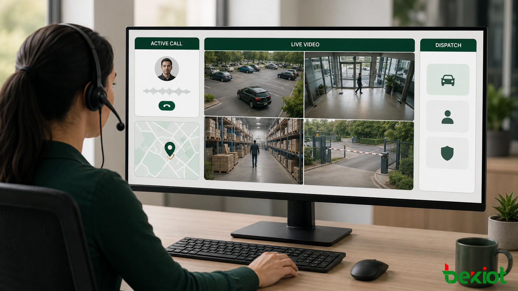Espaço de trabalho de agente de centro de chamadas com informações da chamada, vista ao vivo de quatro câmaras, detalhes de localização e controlos de tratamento de incidentes