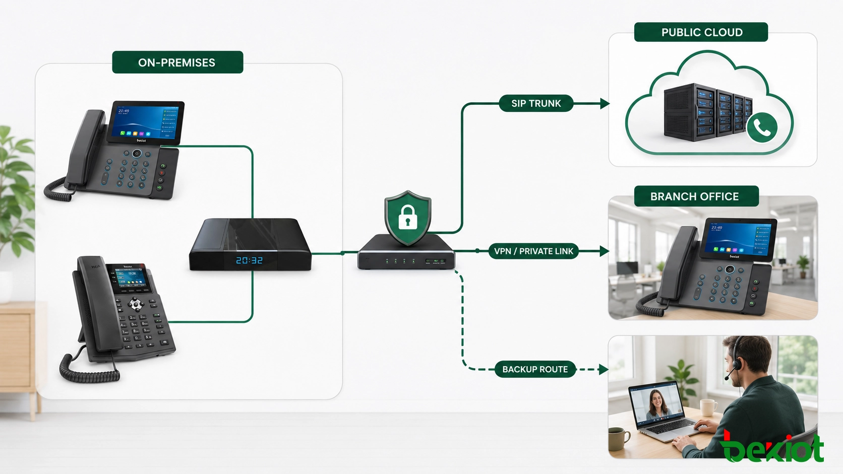 Arquitetura de comunicações em nuvem híbrida ligando telefones SIP, um sistema de controlo de chamadas local, ligações de rede seguras e serviços de nuvem pública