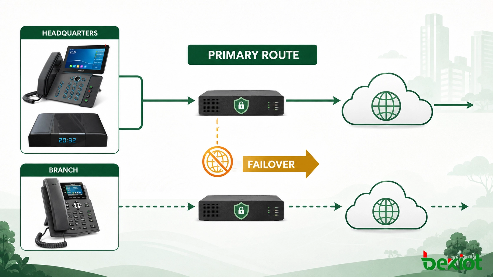 Fluxo de trabalho de encaminhamento de chamadas SIP e failover entre telefones de escritório, um PBX local, uma borda segura e serviços de comunicação na nuvem