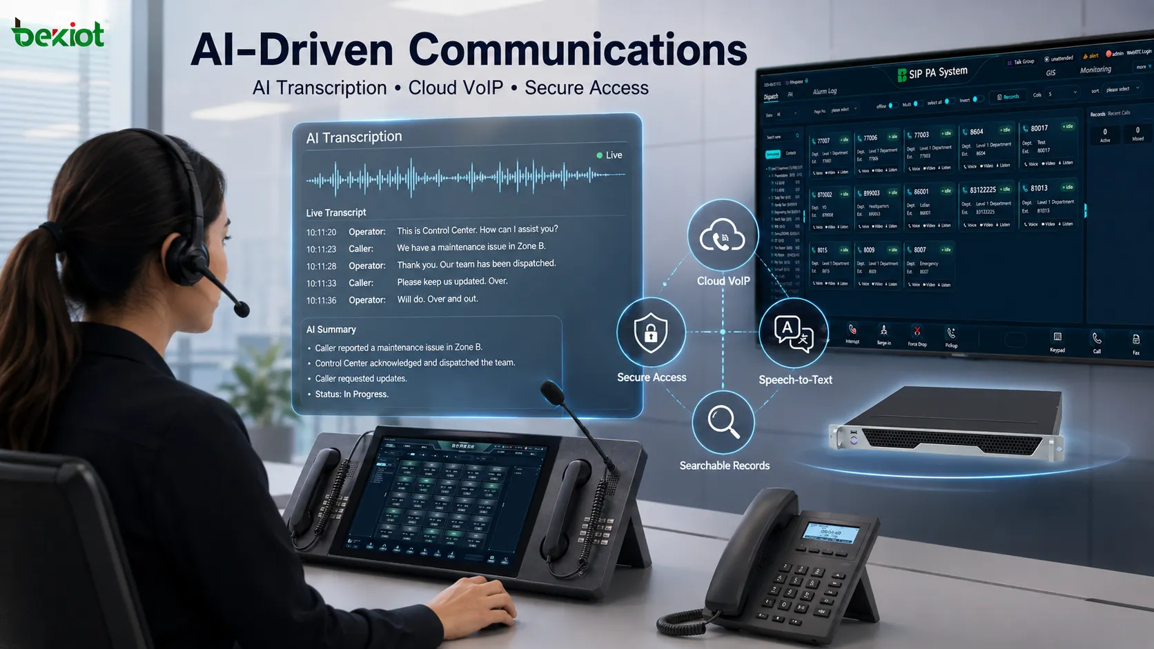 Plataforma VoIP segura em nuvem conectando usuários remotos, posições multicanal e sistemas empresariais por SIP, acesso VPN e transcrição por IA