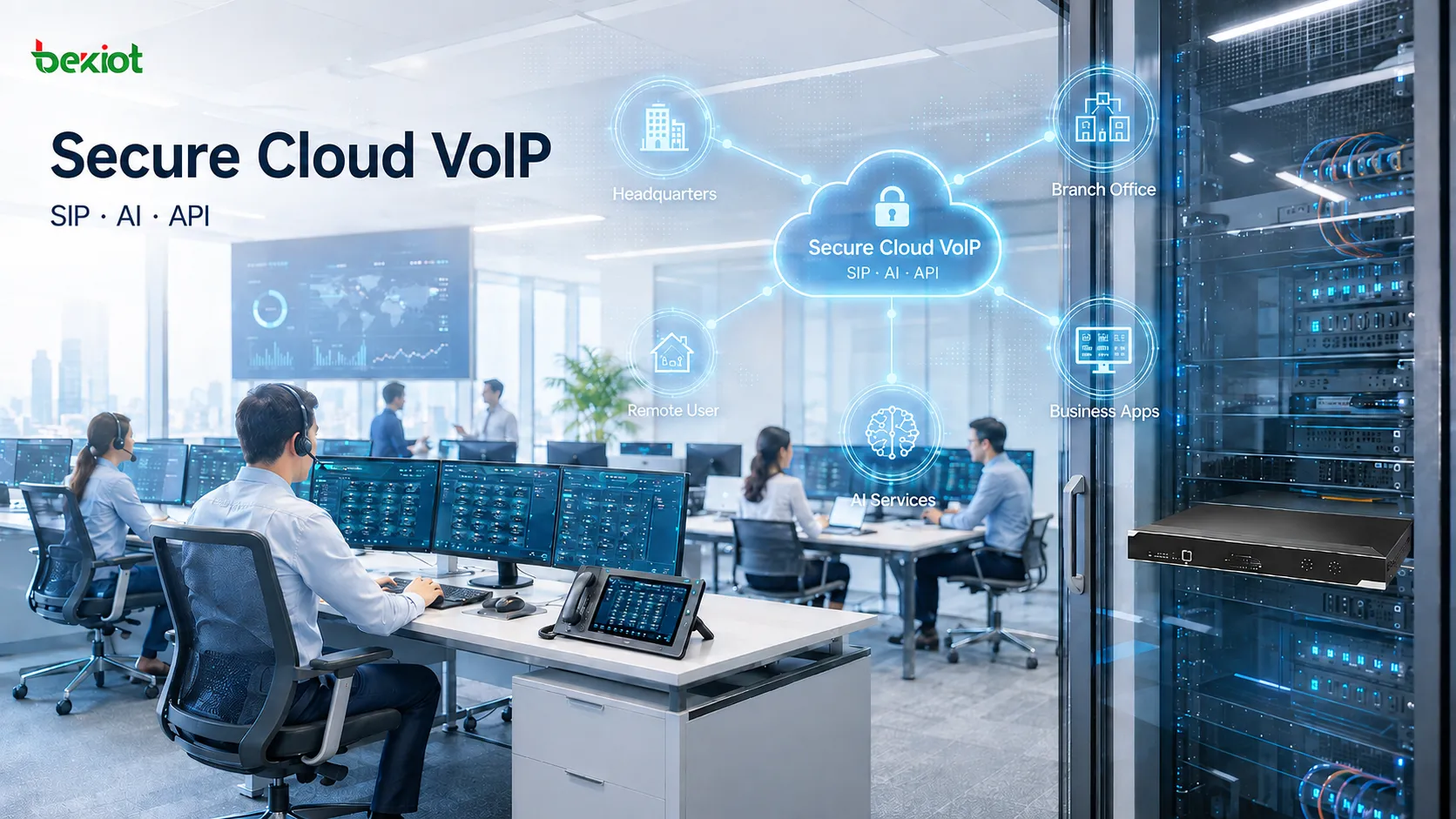 Arquitetura empresarial de colaboração VoIP integrando comunicação SIP multicanal, posições Soft Turret, transcrição por IA, aplicações de negócio e serviços seguros em nuvem em um único fluxo