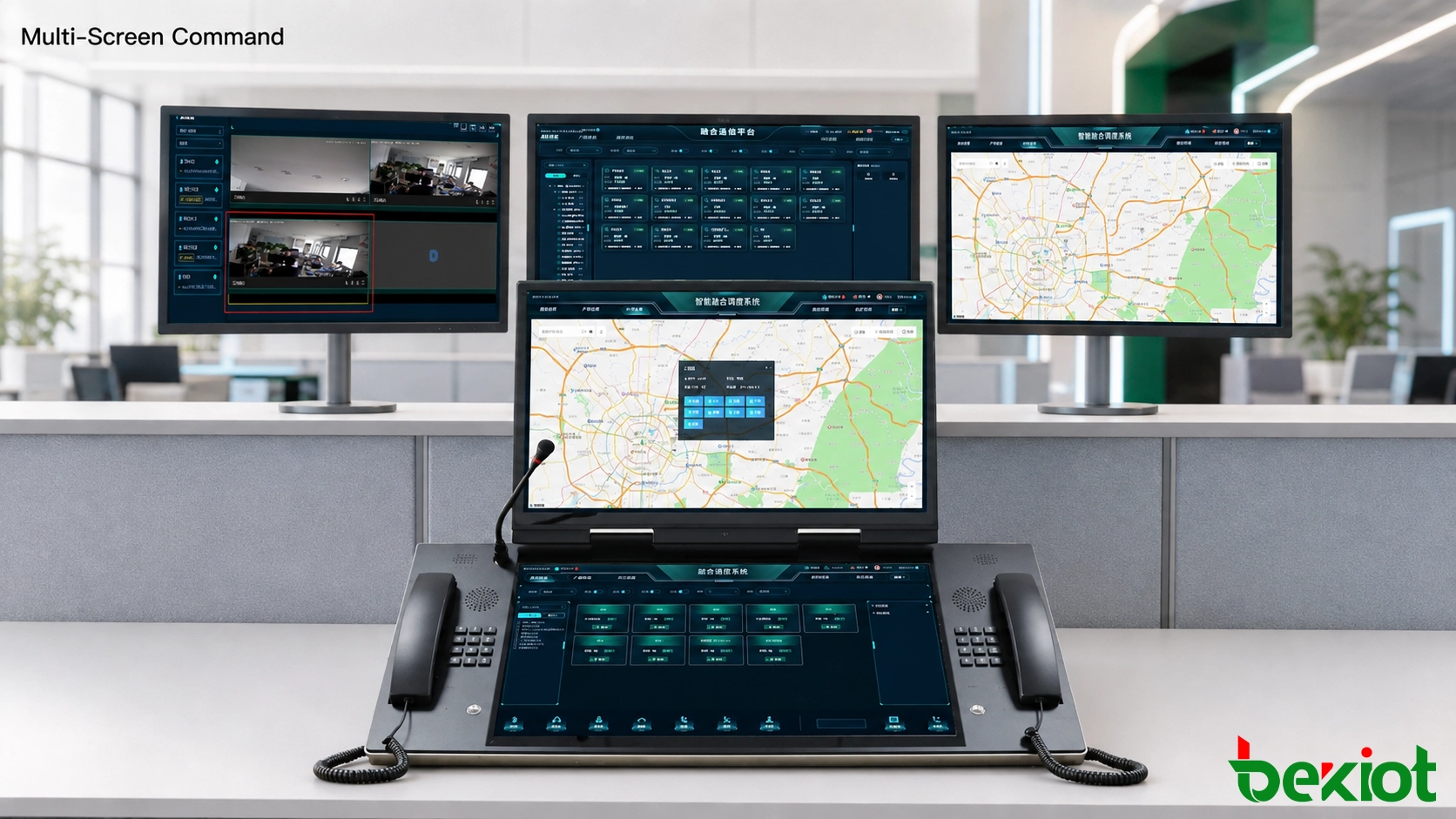 Estação de trabalho de comando de terceira geração com múltiplas telas exibindo recursos de comunicação, mapas GIS, vigilância por vídeo e informações de alarme
