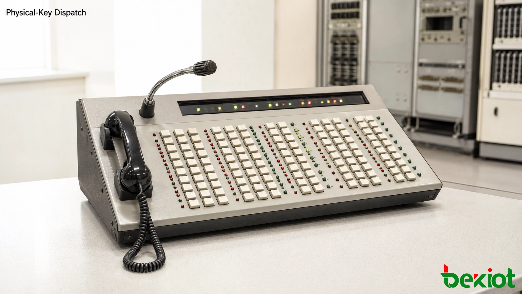 Console de despacho de primeira geração com dezenas de teclas físicas programáveis para ramais telefônicos e controle de chamadas