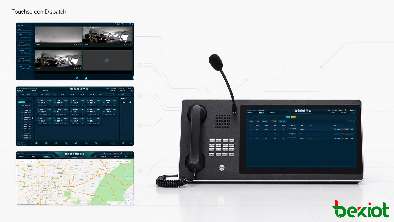 Console de despacho de segunda geração com tela de toque combinando controles de software, fone, microfone, voz, vídeo e funções GIS