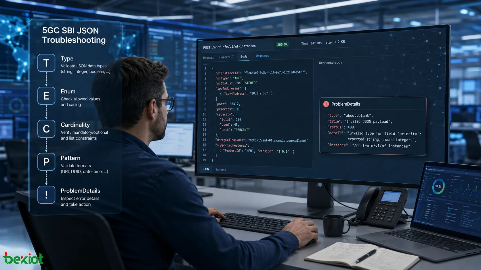 Engenheiro de 5GC diagnosticando mensagens JSON da SBI ao verificar recursos de API, tipos de campos, valores de enumeração, Cardinality, restrições de formato e ProblemDetails