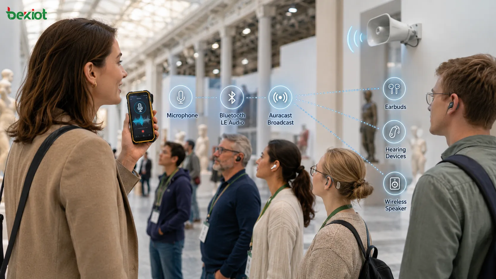 Microfone de smartphone transmitindo voz ao vivo por Bluetooth LE Audio e Auracast para vários fones de ouvido, dispositivos auditivos e caixas de som sem fio nas proximidades