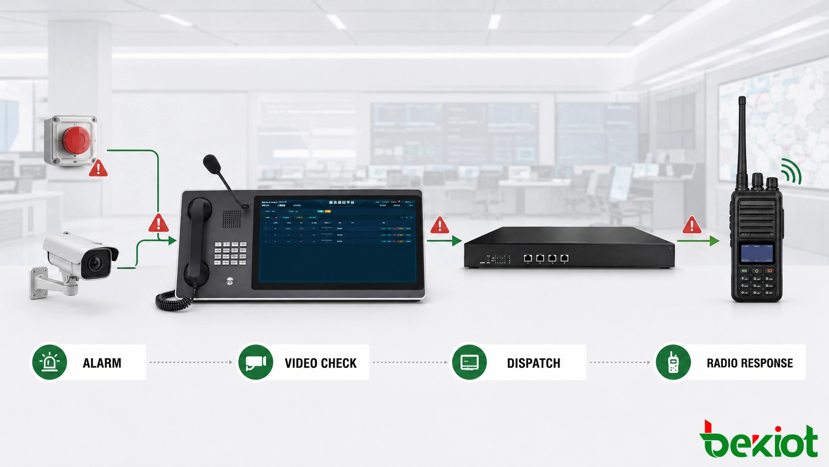 Fluxo de trabalho de alarme e videovigilância integrado à comunicação por rádio através de um gateway RoIP