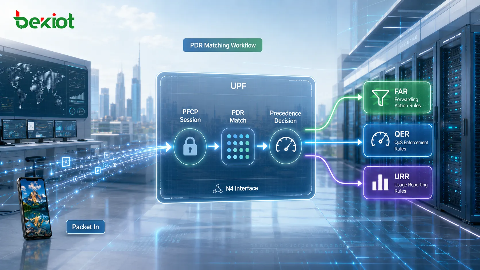 Processamento de pacotes pela UPF na interface N4 mostrando correspondência de PDR por Precedence e regras FAR, QER e URR associadas