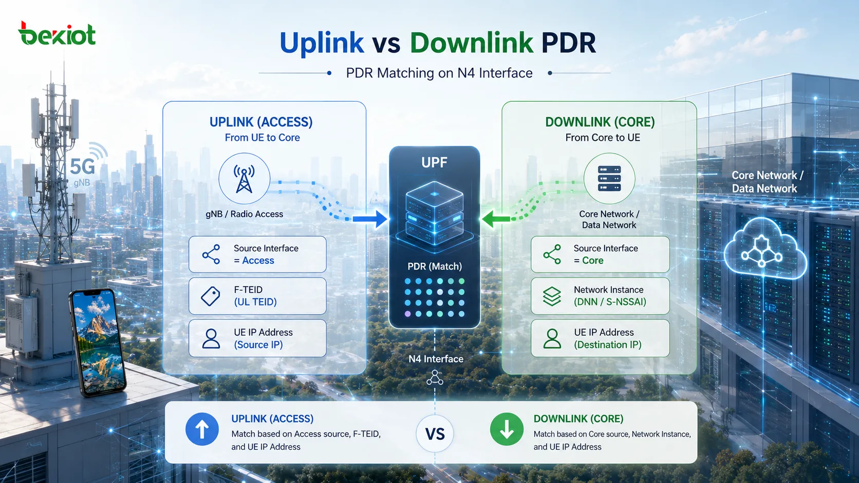 PDR de uplink Access e PDR de downlink Core com correspondência baseada em F-TEID, instância de rede e endereço IP da UE na interface N4