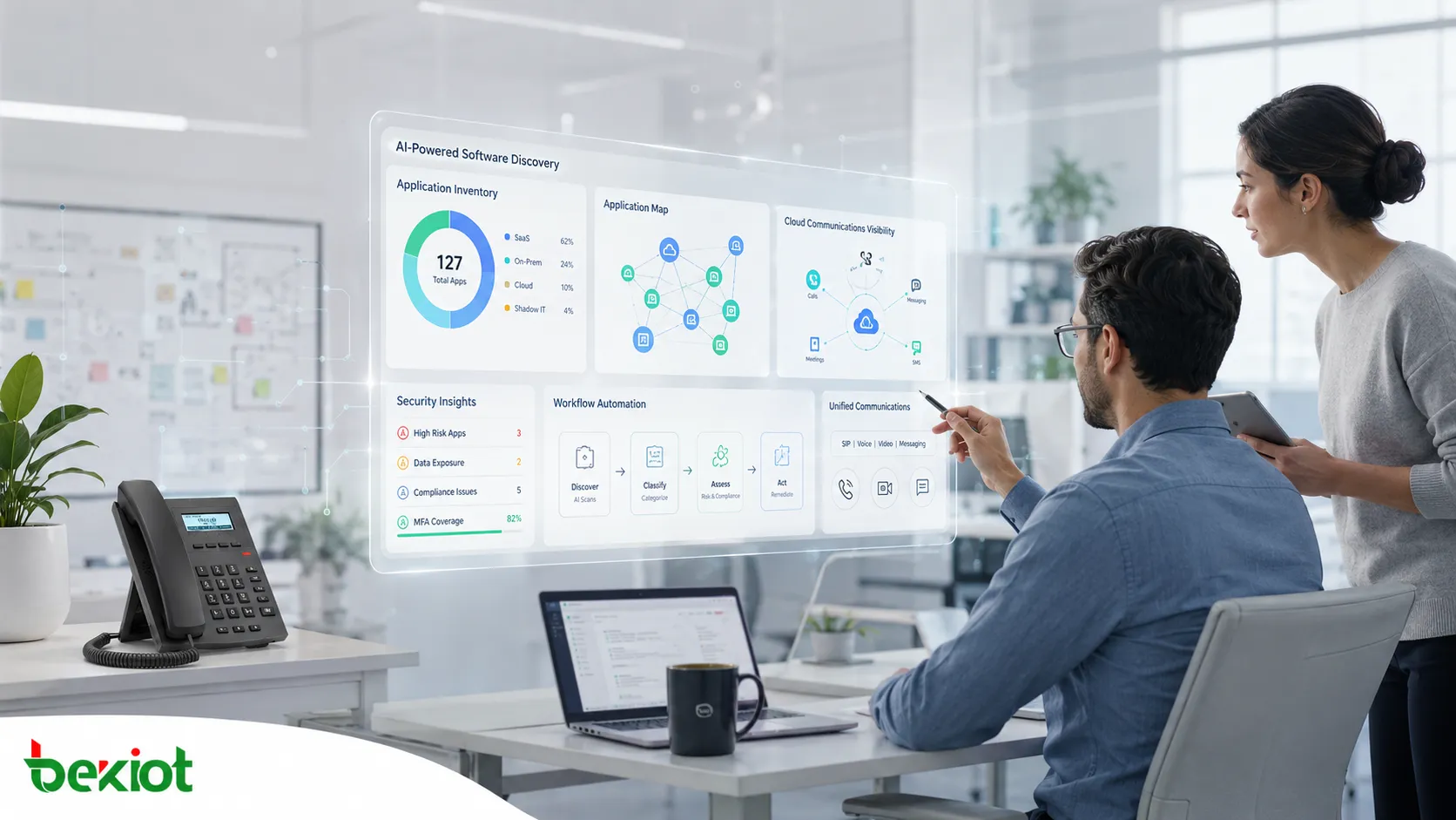 Estrutura de avaliação empresarial de UCaaS comparando valor dos fluxos de IA, adoção, usabilidade, integração, governança e confiabilidade das comunicações