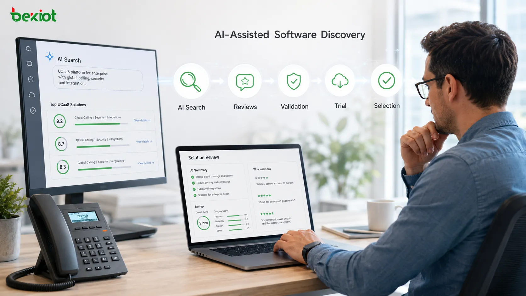 Jornada de compra de UCaaS assistida por IA, da descoberta de software e avaliações de terceiros à validação técnica, teste e seleção final do fornecedor