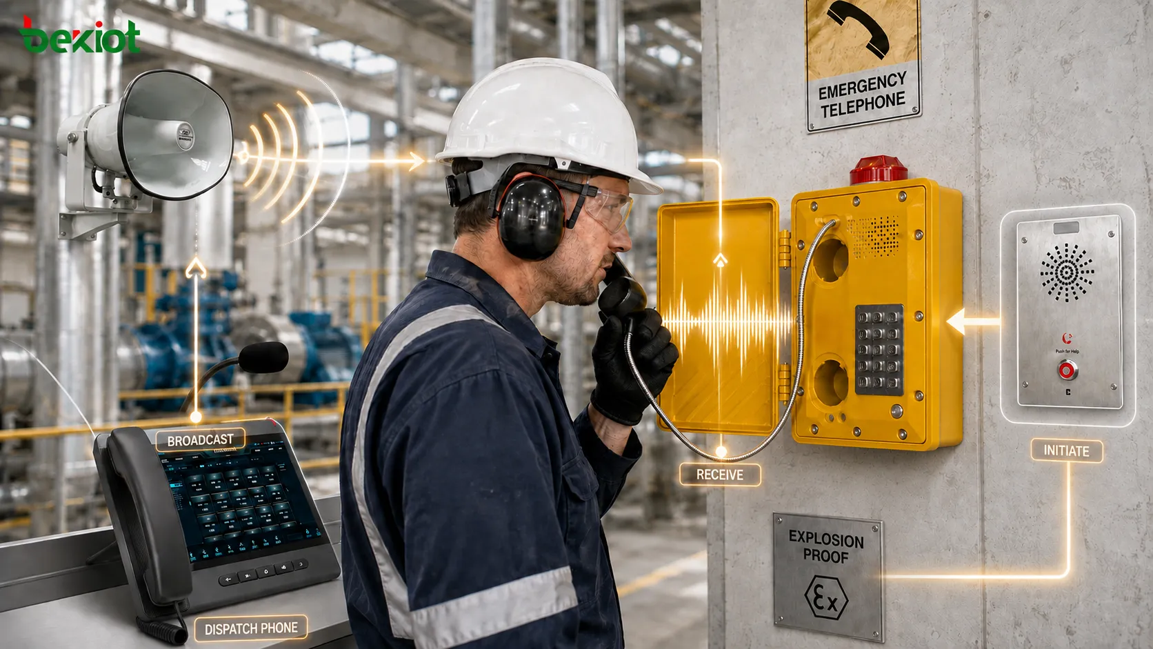 Teste do volume do monofone, captação do microfone e clareza da voz bidirecional de um telefone à prova de explosão em ambiente industrial de alto ruído
