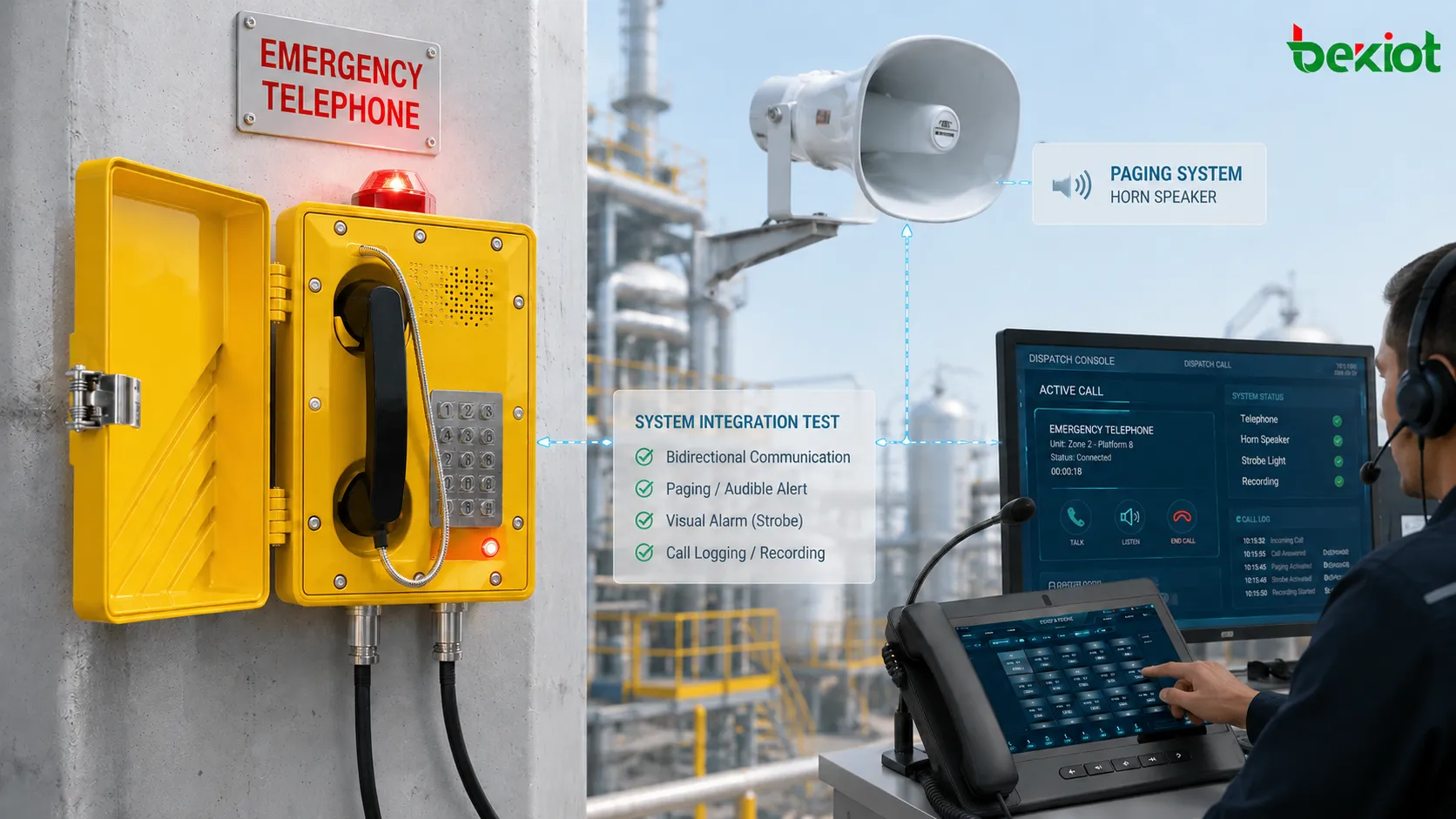 Teste de integração de emergência pós-instalação de um telefone à prova de explosão com despacho, gravação, alarmes sonoros e visuais e sistemas de sonorização